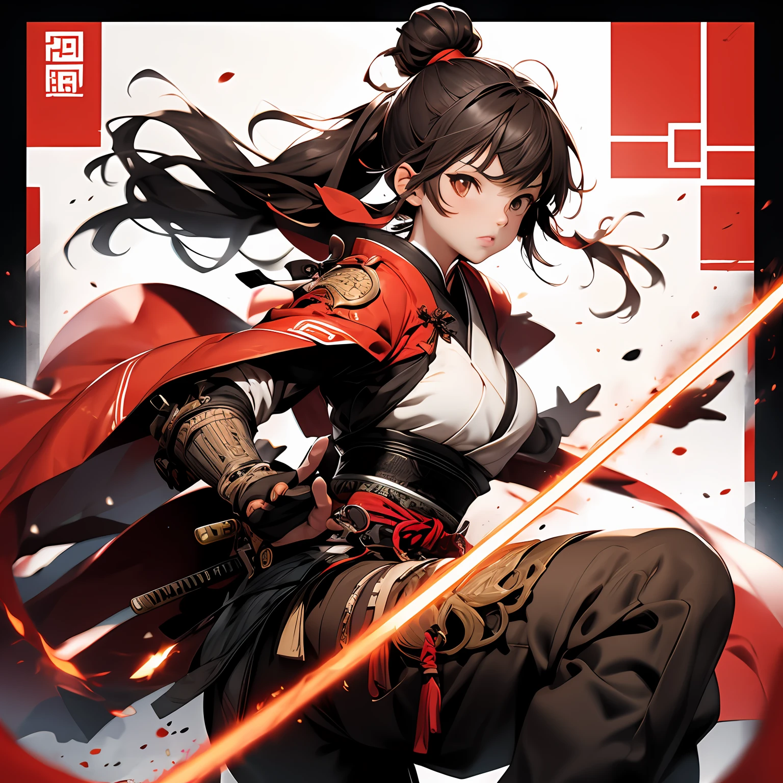 (best quality), [masterpiece], ((beautiful:0.75) cute girl:0.75), [clear and clean] pixiv (illustration),cowboy shot,1girl, samurai,japanes aromr,brown hair, hair bun,medium breasts, braid,Cheongsam,Chinese background, kung fu, fighting pose
, doyagao, serious,