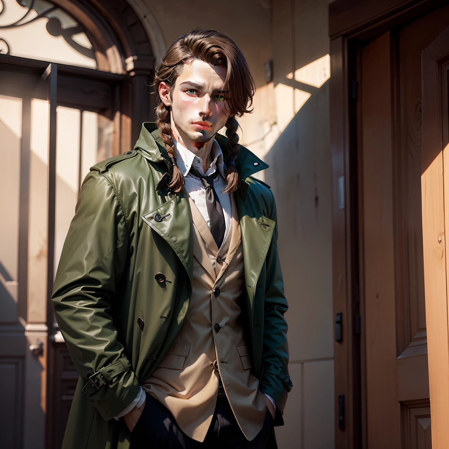 Caucasians,male people,brown hair,Grey trench coat,magestic,Green eyes,without a hat,Single long braid