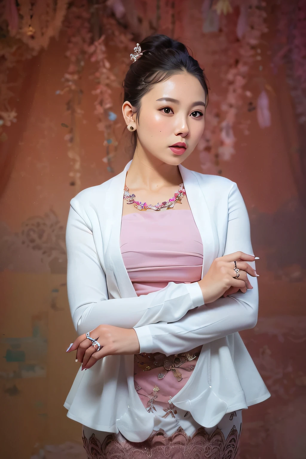 a close up of a woman in a pink dress and white jacket, mai anh tran, wearing an elegant outfit, nivanh chanthara, in style of lam manh, cute elegant pose, natasha tan maciej kuciara, inspired by Ruth Jên, elegant glamor pose, stunning elegant pose, wearing elegant jewellery