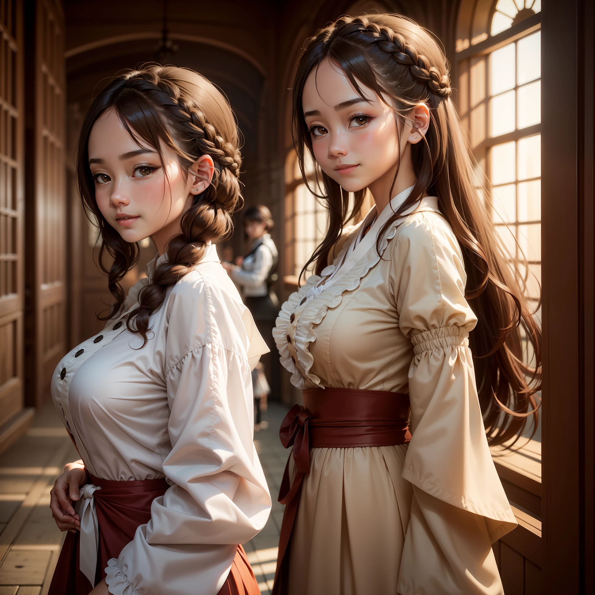 Top Quality, Face Focus, Soft Light, (Depth of Field), Ultra High Resolution, (Photorealistic: 1.4), RAW Photo, (Portrait: 1.4), (From Back: 1.4)
1 Japan girls, Solo, Cute, (shy, smile:1.1), (brown eyes), Detail beautiful face, (midi_hair),Brown hair, braided hair
The great hall of the castle of Europe, walking,
(formal attire: 1.2), (too big breasts)