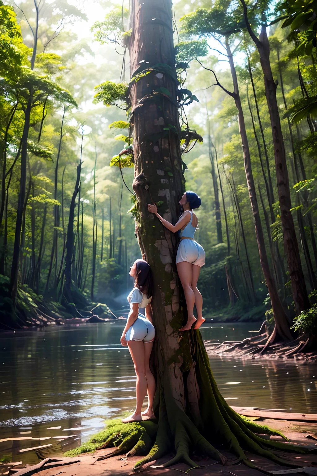 garota, White swimsuit with light blue embroidery, Standing on a tree trunk, 8k, ((melhor qualidade), (best resolution))