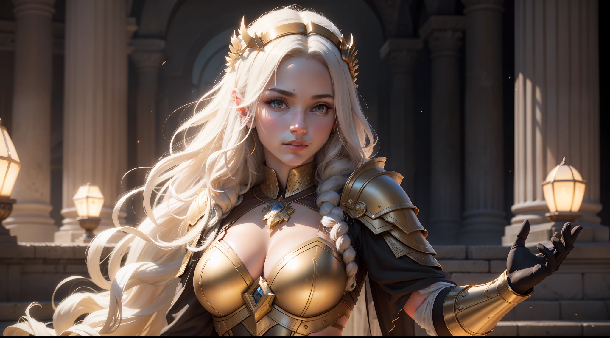 greek temple,Goddess of War,Golden armor,Natural hair,photorealistic portrait,4K,highest details,highly detailed,art stations,Smoothness,Sharp focus,cinmatic lighting,facing at the camera,Dark Studio,edge lit,twotonelighting,Dimly lit,low tune,((best qualtiy)), ((tmasterpiece)), (The is very detailed:1.3), Ancient Techniques, hdr(HighDynamicRange), Ray traching, NVIDIA RTX, Hyper-Resolution, Unreal 5, sub surface scattering, PBR Texture, post-proces, Anisotropic filtering, depth of fields, Maximum clarity and sharpness, Many-Layer Textures, Albedo e mapas Speculares, Surface coloring,Accurately simulate light-material interactions,perfectly proportions,rendering by octane,twotonelighting,Low ISO,White balance,trichotomy,Wide aperture,8K raw data,High-Efficiency Sub-Pixel,sub-pixel convolution,Luminous Particle,Light scattering,Tyndall effect