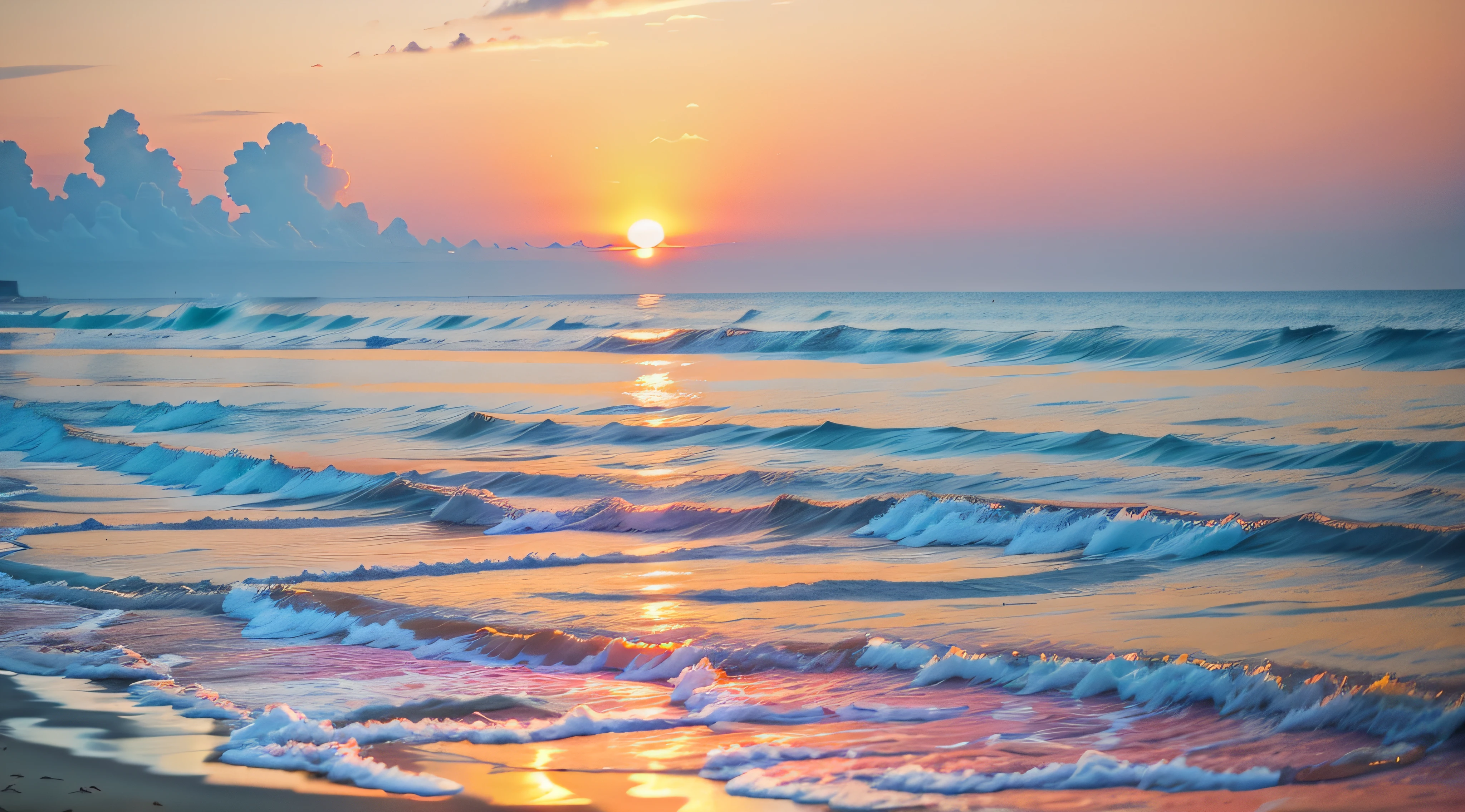 pink there、yellow、an orange、Mingle to fill the sky、The sunset over the beach is truly mesmerizing。The crystal clear sea gently kisses the shore、White sand beaches stretch everywhere。Seagulls soar high into the sky、It is a dynamic and breathtaking scene with palm trees gently swaying。Embrace a calm atmosphere、Peace washes you。