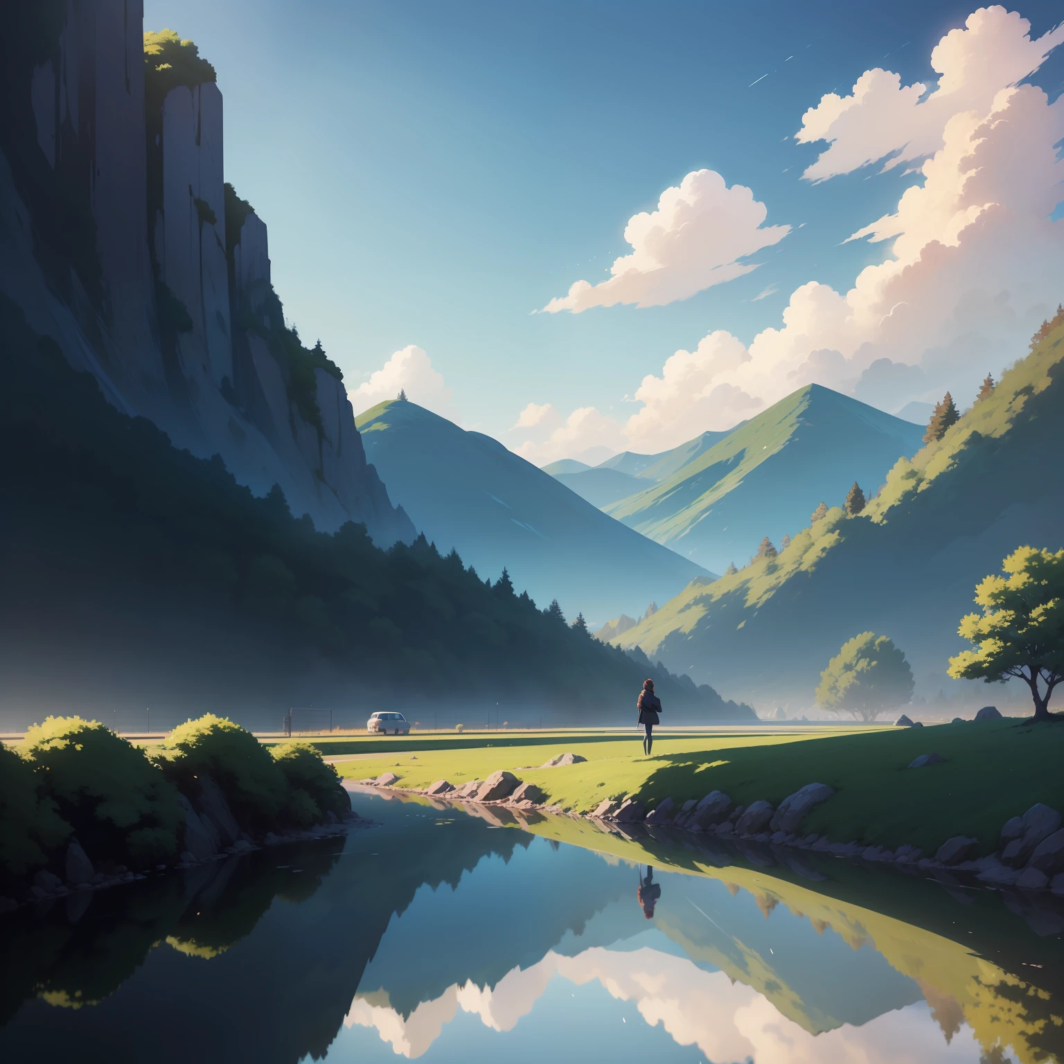 Obra-prima de alta qualidade, paisagem, com 1 apreciando a paisage,, arte conceitual, estilo de arte lofi, reflection. por Makoto Shinkai, arte lofi, cena de anime bonita, paisagem de anime, detailed scenery - width 672, em estilo de Makoto shinkai, estilo de Makoto shinkai, detalhes aprimorados.