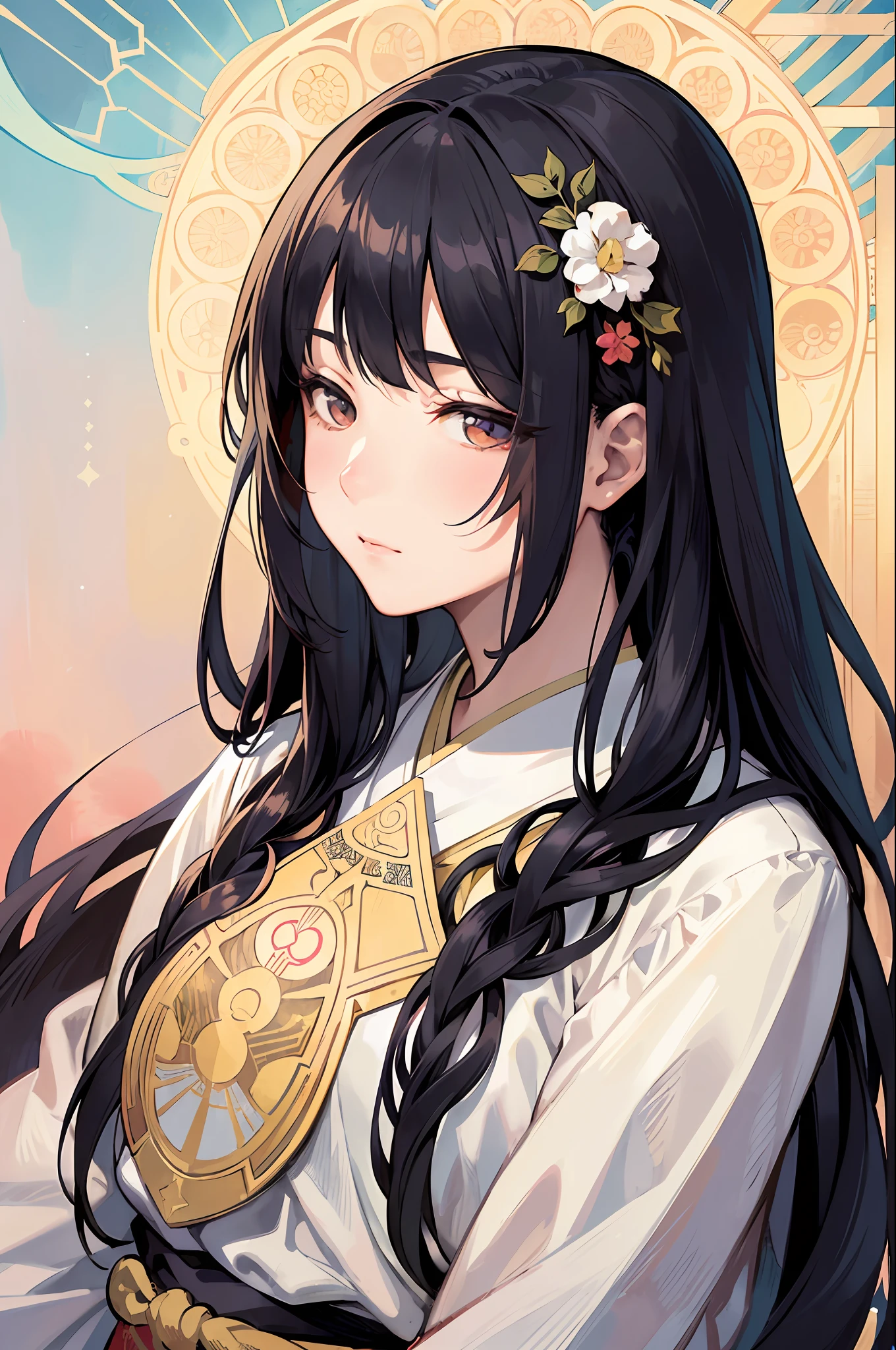 Portrait of Japan woman face、hairdo、A dark-haired、Sound Frame、Decorative panel、abstract  art、By Alphonse Mucha (​masterpiece、top-quality、hight resolution: 1.4)、detaileds、intricate-detail、4K、color splashes、Line Art、Fibonacci、