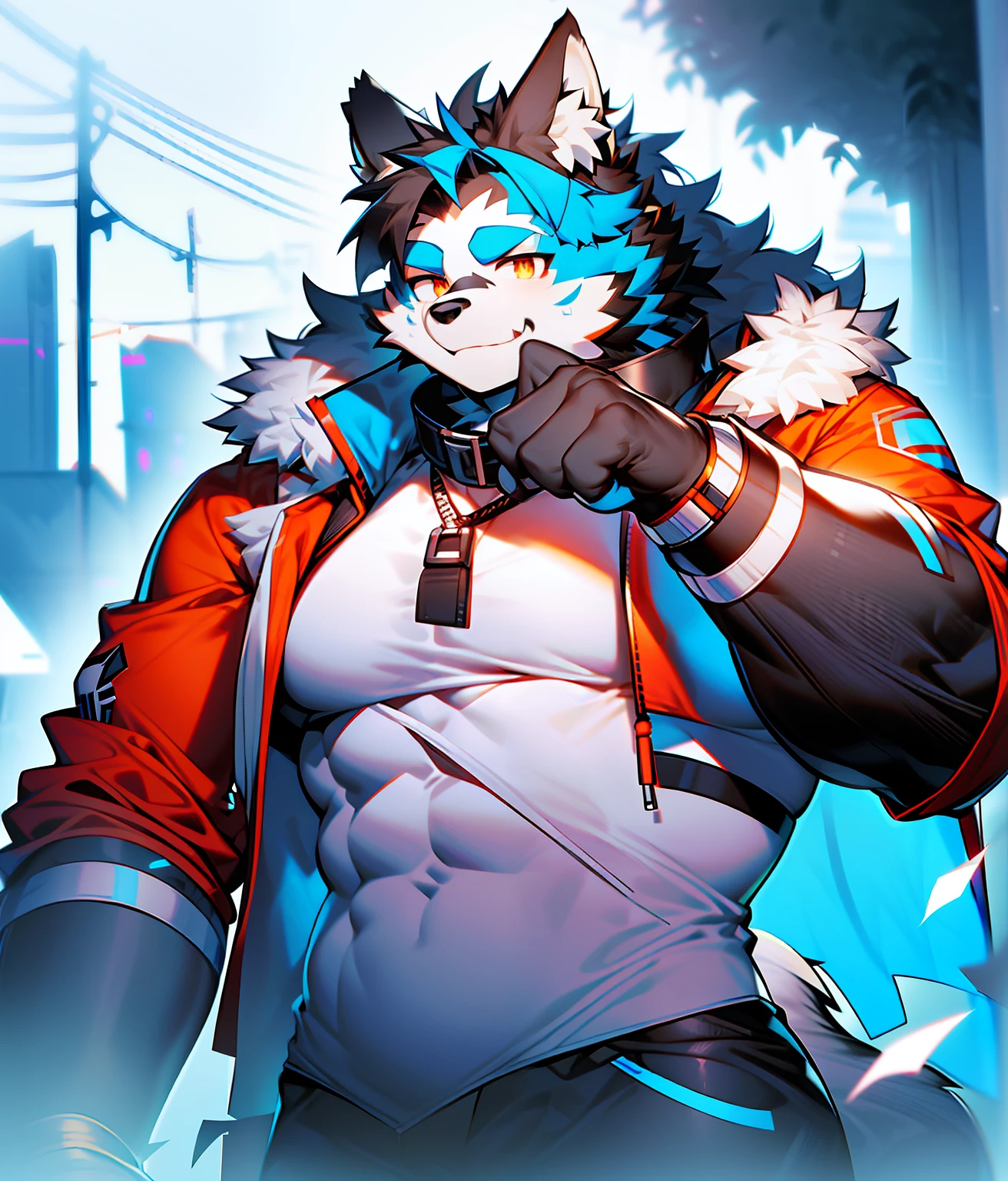 coyote，Furry，Blue pattern，Black hair，musculature，Muscle men，nakeness，Strong，ultraclear，Has a large ，Collar，Black  shorts，Black sclera，red pupils，Abs，Red coat，Heterochromic pupils，The erection，Collar，Has a large ，der riese，tit，Solo，Stout arms，Storm jacket，long whitr hair，Collar