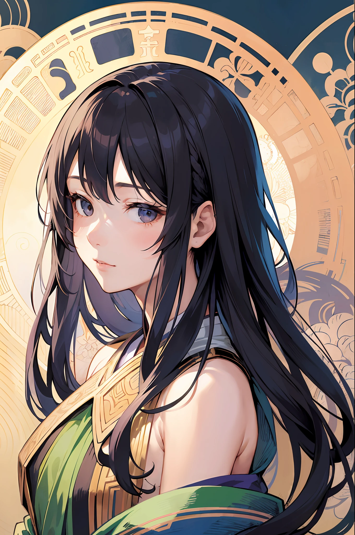 Portrait of Japan woman face、hairdo、A dark-haired、Sound Frame、Decorative panel、abstract  art、By Alphonse Mucha (​masterpiece、top-quality、hight resolution: 1.4)、detaileds、intricate-detail、4K、color splashes、Line Art、Fibonacci、