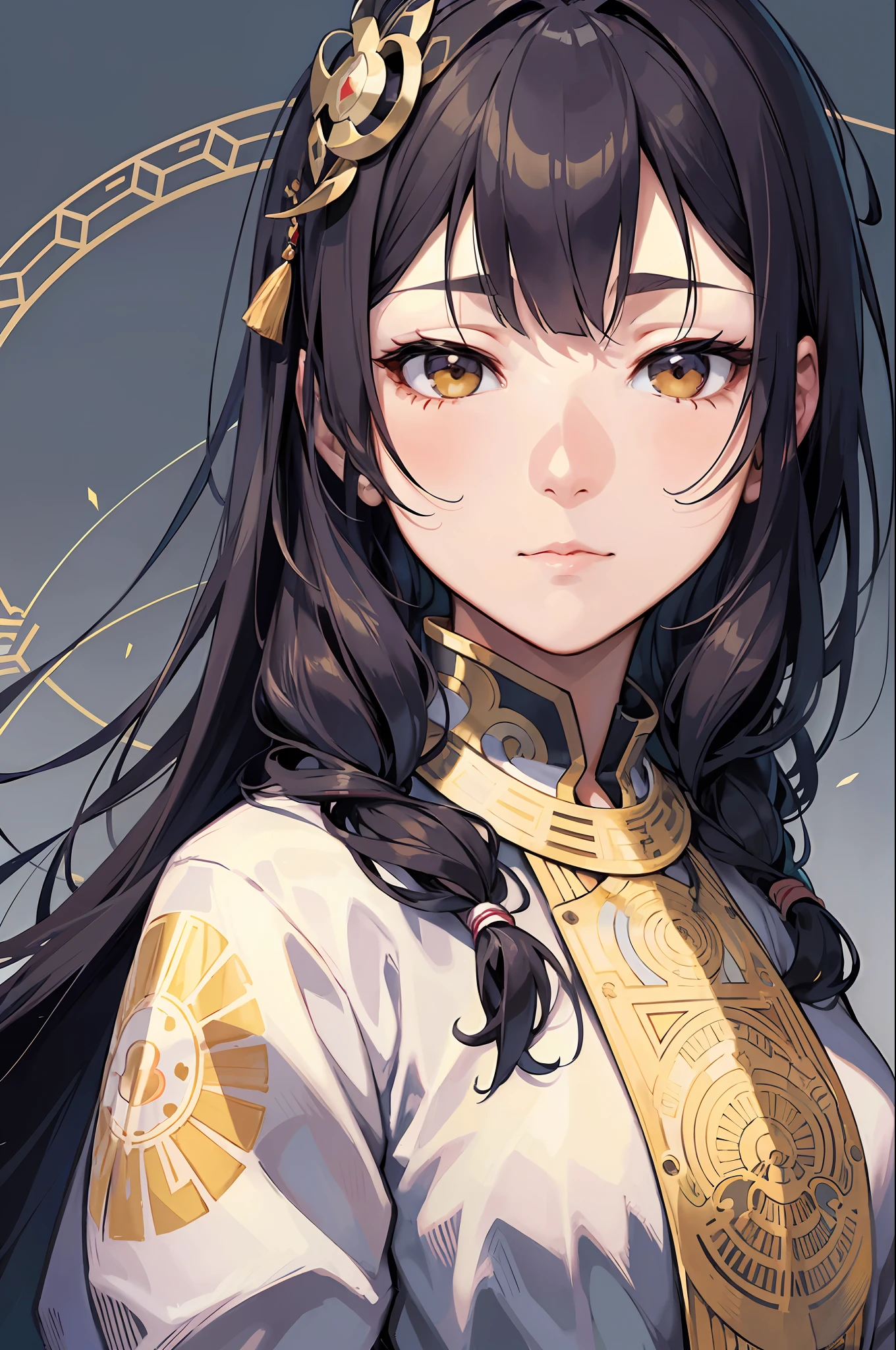 Portrait of Japan woman face、hairdo、A dark-haired、Sound Frame、Decorative panel、abstract art、By Alphonse Mucha (masterpiece、top-quality、hight resolution: 1.4)、detaileds、intricate-detail、4K、color splashes、Line Art、Fibonacci、