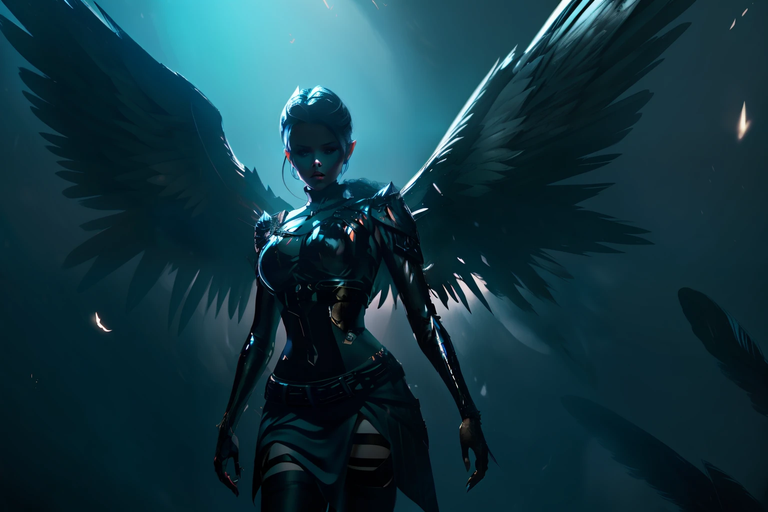 Create a 3D scene of a fallen angel with piercing eyes and broken wings, enveloped in shadows and surrounded by a mysterious aura. Use high-quality techniques to achieve an exceptional level of detail in the image.