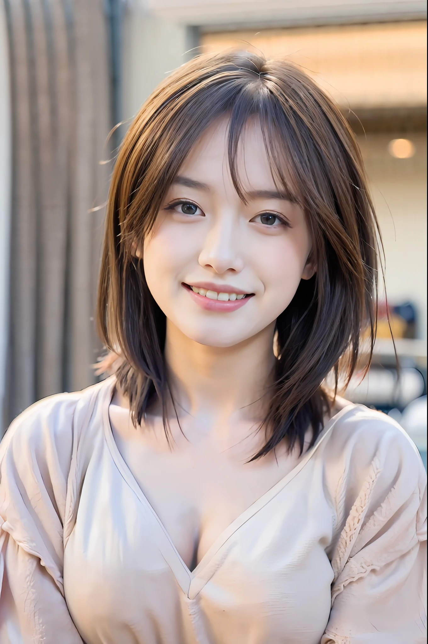 ((52k、RAW Photography、top-quality、masterpiece:1.2))、(photos realistic:1.5)、(detailed photo:1.5)、(barechested:1.8)、(bustup:1.5)、(japanes)、(1a person)、(30-years old)、(cute smile face)、(thin makeup)、(short-hair:1.5)、(Layered Hair:1.5)、(brown haired)、(Large breasts)