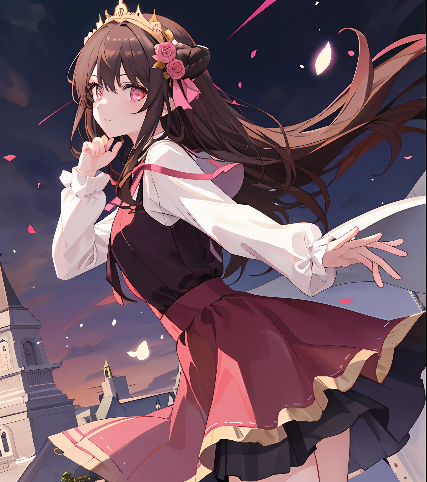 Masterpiece quality,The best quality assurance。A brown hair、Cute girl with golden eyes。Tsundere,Wearing a short Gothic skirt,Exudes magic,With a rose headdress,Pink gradient dress,Long hair flutters in the wind,Naughty,adolable,devil horns,In the daytime,divino,white church