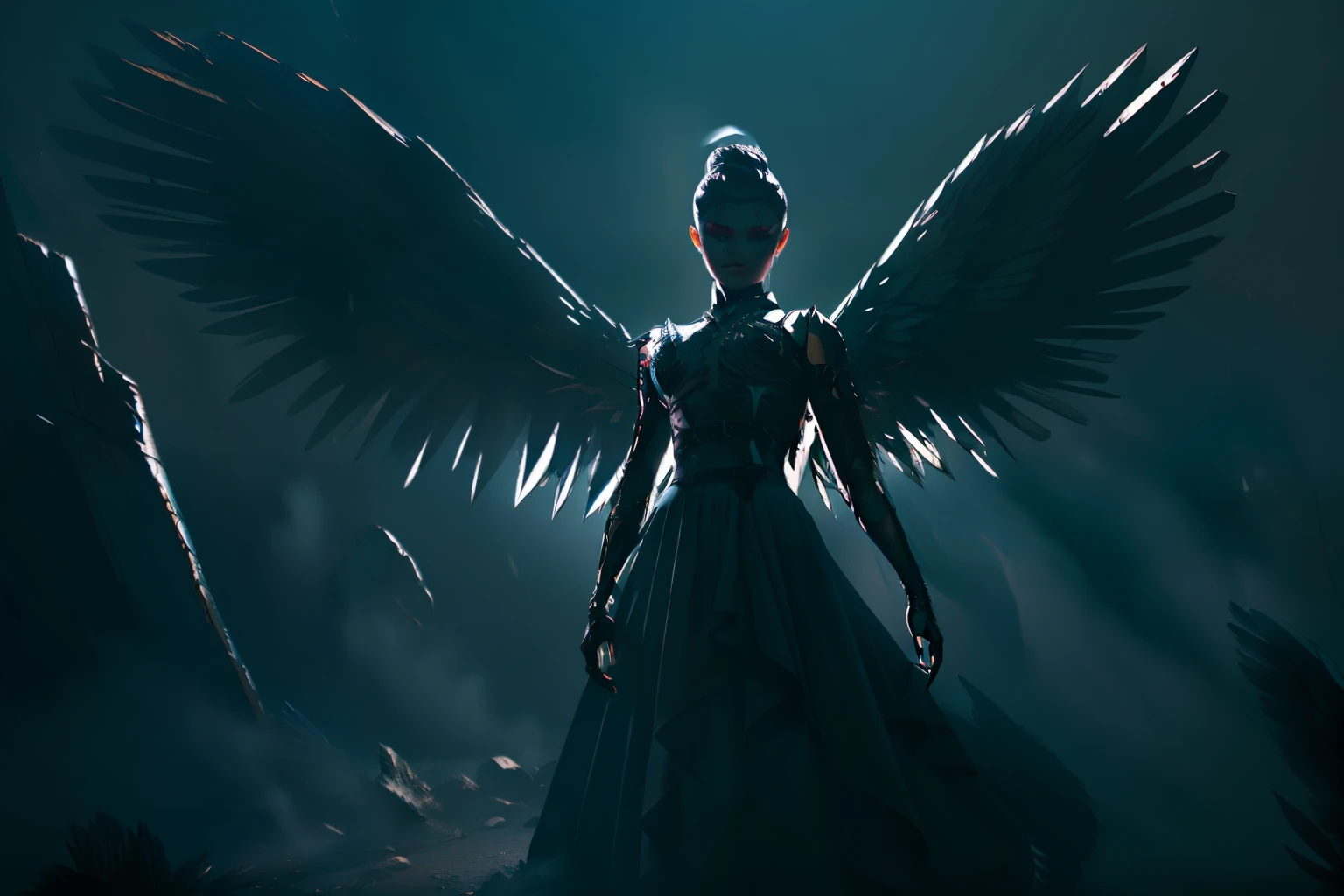 Create a 3D scene of a fallen angel with piercing eyes and broken wings, enveloped in shadows and surrounded by a mysterious aura. Use high-quality techniques to achieve an exceptional level of detail in the image.