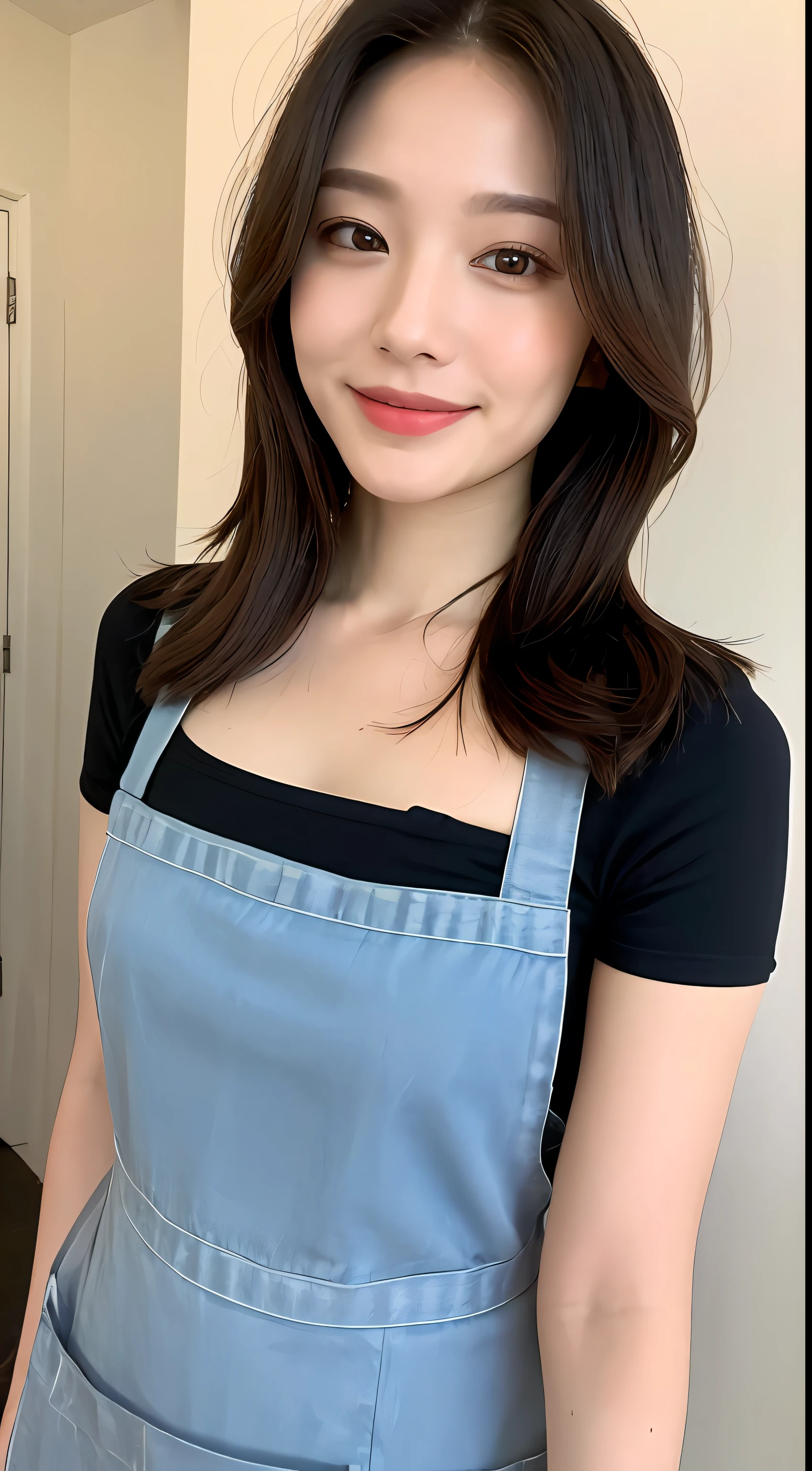 ((Top Quality, 8K, Masterpiece: 1.3)), 1 Girl, Slim Abs Beauty: 1.3, (Hairstyle Casual, Big: 1.2), Dress: 1.1, Super Slender Face, Delicate Eyes, Double Eyelids, Smile, Home, Apron