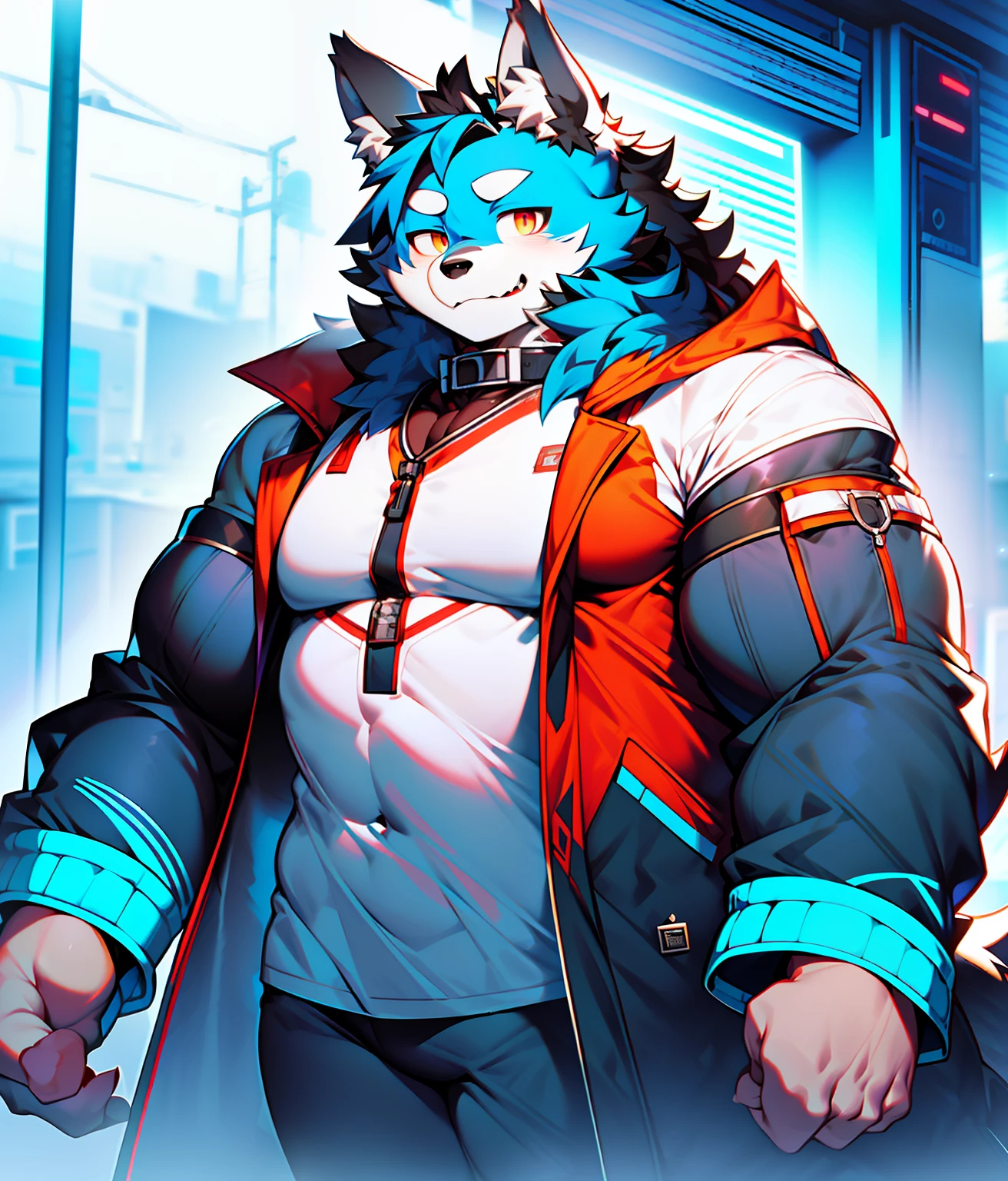 coyote，Furry，Blue pattern，Black hair，musculature，Muscle men，nakeness，Strong，ultraclear，Has a large ，Collar，Black  shorts，Black sclera，red pupils，Abs，Red coat，Heterochromic pupils，The erection，Collar，Has a large ，der riese，tit，Solo，Stout arms，Storm jacket，long whitr hair，Collar，Obvious abdominal muscles，hold fists