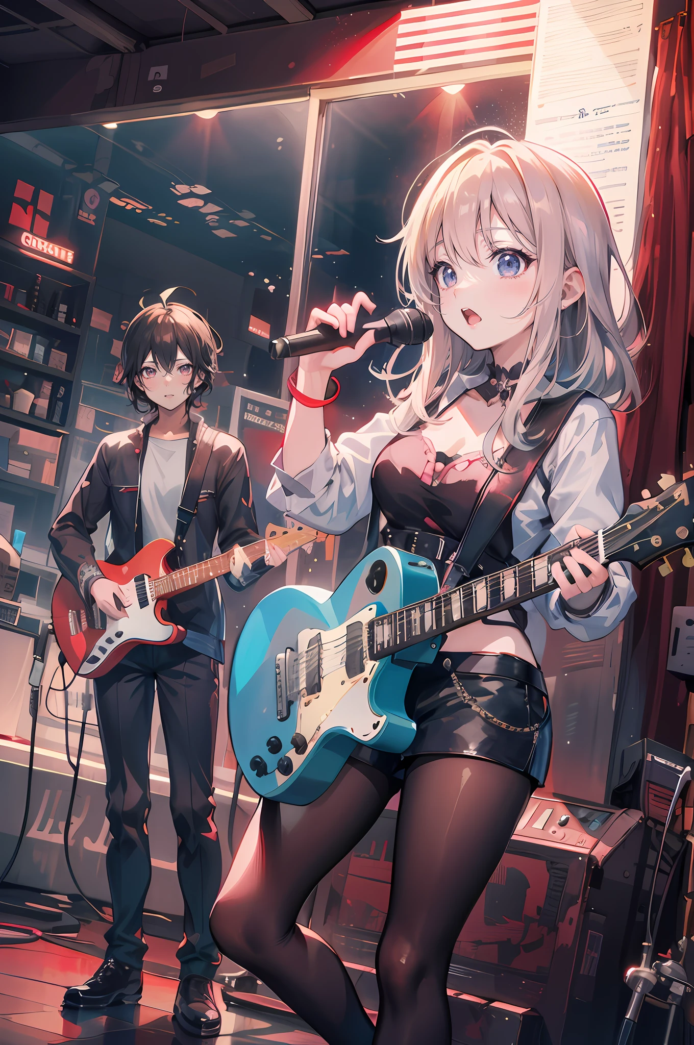 Anime - style image of a woman with a guitar and a man with a microphone, official artwork, nightcore, high detailed official artwork, kawacy, background artwork, plays the guitar, anime style 4 k, anime cover, detailed cover artwork, High quality anime art style, artwork in the style of guweiz, visual novel key visual, playing guitar onstage