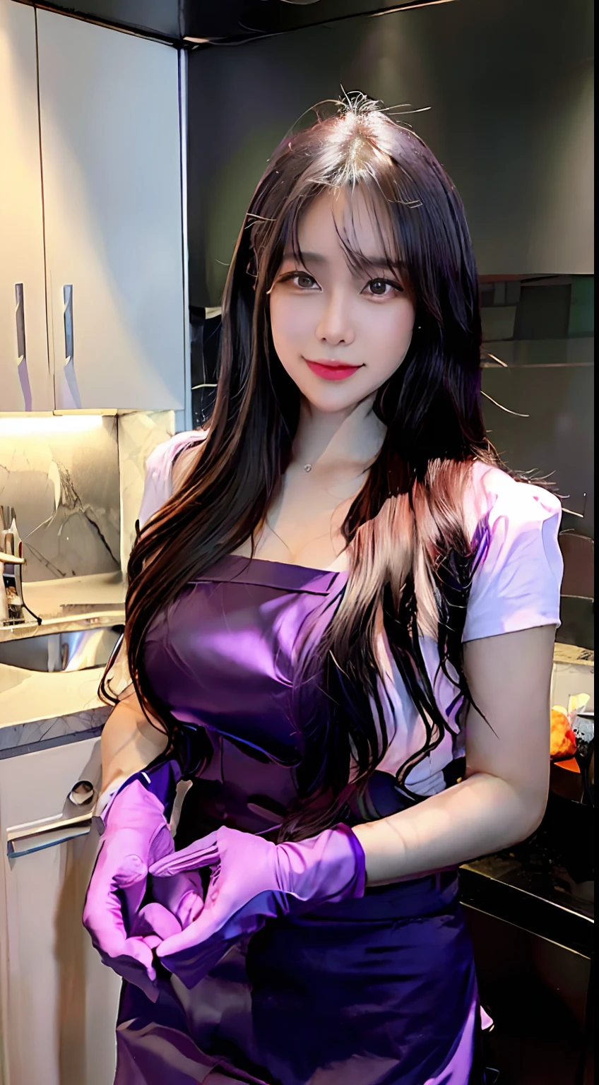 ultra-detailliert、hight resolution、(realisitic、realisitic:1.4)、8k、(top-quality)、physically-based renderingt、photos realistic、Professional Color Grading、top-quality、Beautiful woman with perfect body:1.4、dark brown hair、Wearing a apron、in a kitchen、extremely detailed face and skin、A detailed eye、二重まぶた、a smile、Purple rubber gloves on hands, elbow groves, Made of liquid purple metal, Blue Gloves, Purple, Simulating cloth with Houdini, 3 d fluid simulation render, realistic hand, gloves, Very realistic hands, Purple liquid, gauntlets, colored zbrush render, Latex, houdini fluid simulation, Detailed and realistic hands, rendered in houdini, Realistic hands