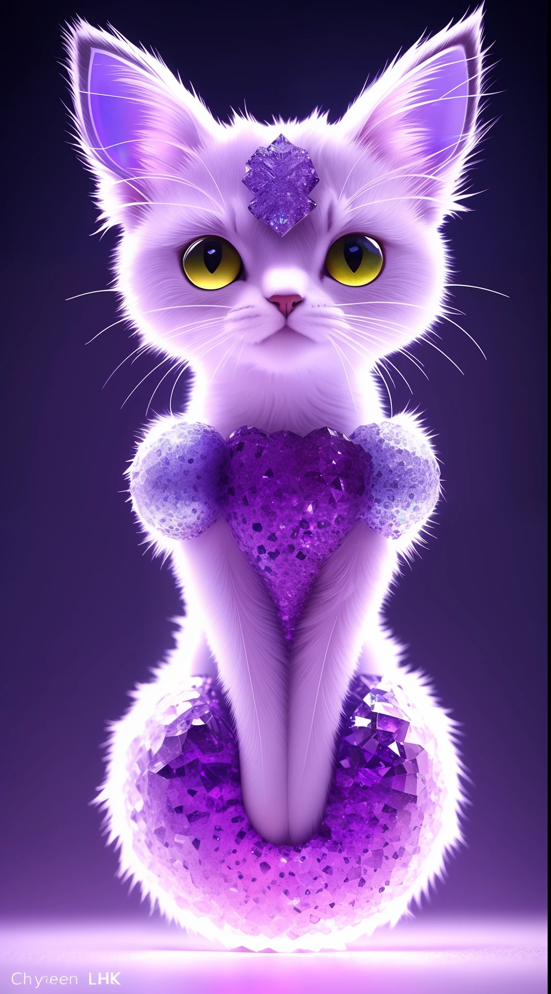 A cute crystal kitten，made of crystals, full bodyesbian, 4K, (Cyborg:1.1), ([Tail|thin linework]:1.3), (intricately details), hdr, (intricately details, Super detail:1.2), Cinematography, centering, Cute kitten made of crystal, 4K, (Cyborg:1.1), ([Tail|thin linework]:1.3), (intricately details), hdr, (intricately details, Super detail:1.2), Cinematography, centering，In purple，cleanness，ssmile，looking to the right，floating in air