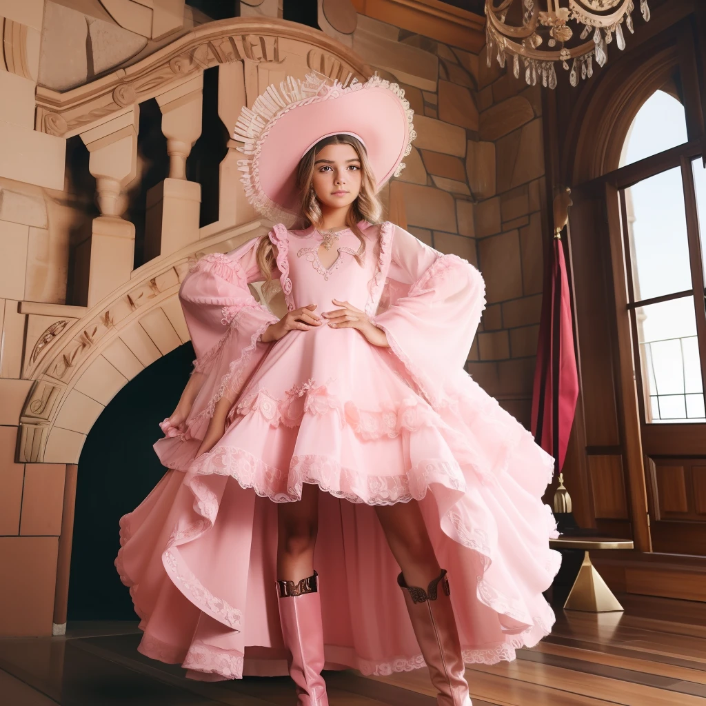 A modern queen of Generation Z, um vestido moderno rosa fofo, coroa rosa moderna, em um castelo, corpo inteiro, botas de cowboy, Estilo Gen z.