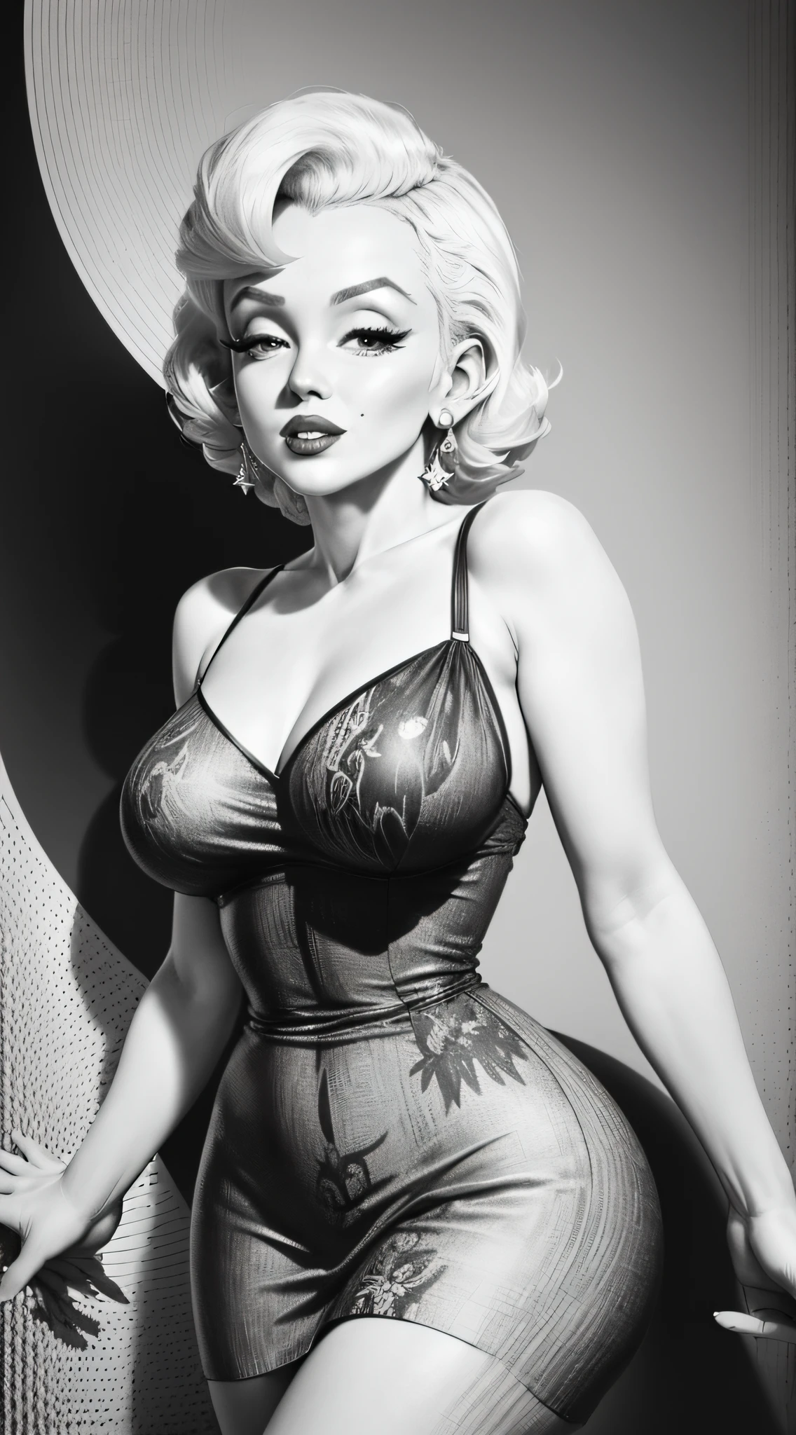 "Line art pinup style black and white masterpiece print inspired by Marilyn Monroe."