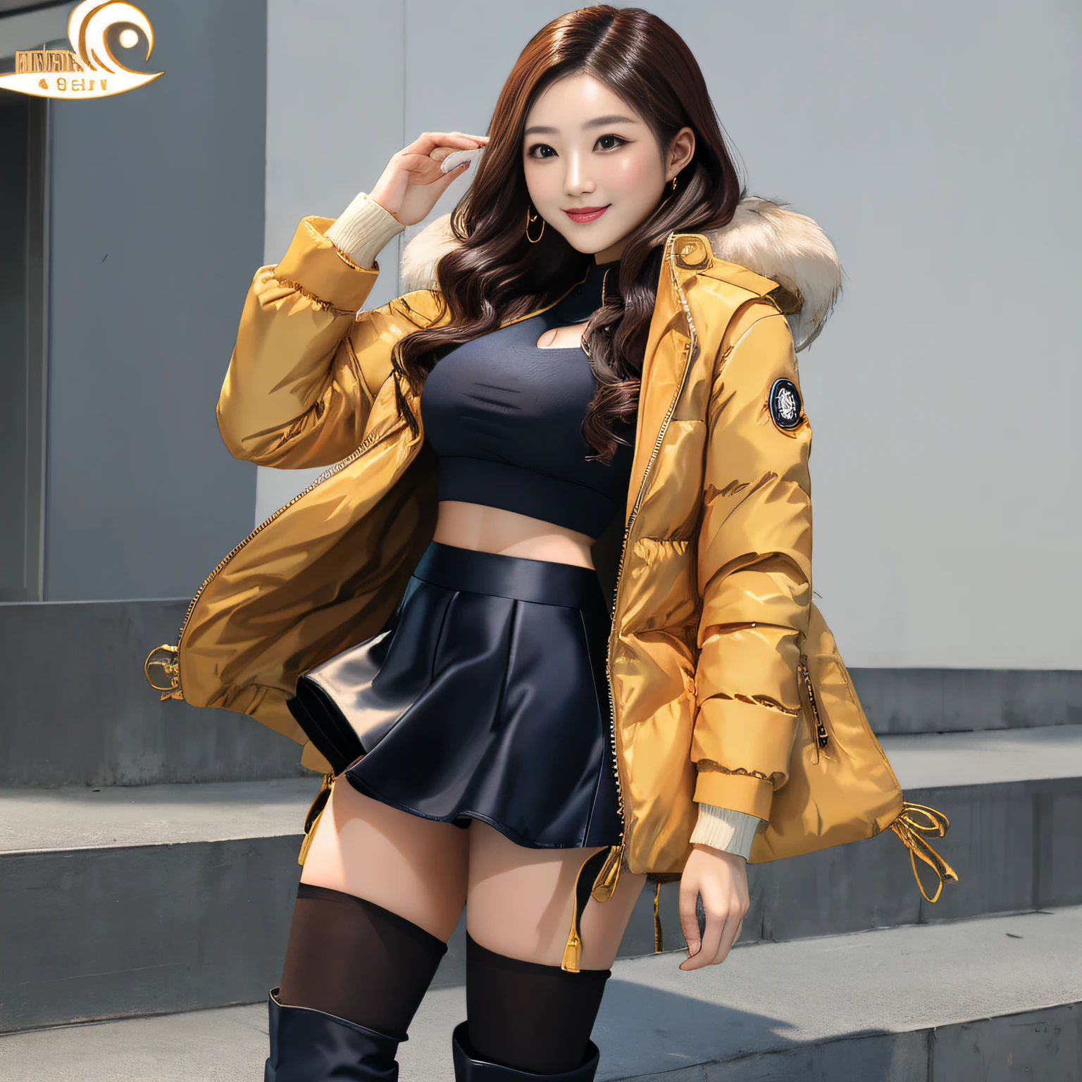 (best quality, masterpiece), 1girl, (muscular:0.7), Japanese model, athletic, long hair, smile, happy, wavy hair, standing , looking at viewer, ((short silk skater skirt)), makeup,  pantyhose, thigh high boots, navy puffer coat, down coat, silk bra, large breasts