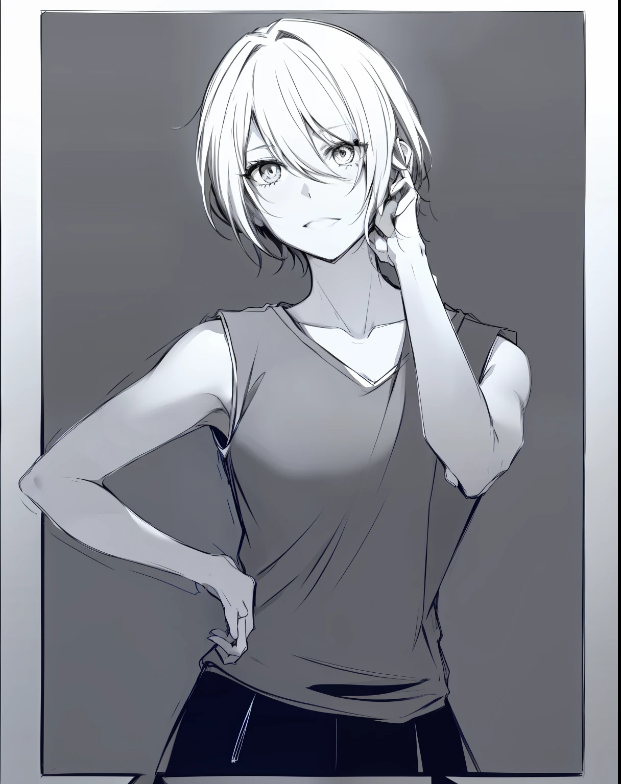 A woman with short hair in a vest puts her hand on her ear,Wearing a vest,correct hand,correct hand,Woman with short hair rubs her hair behind her ear, Line sketch!!, clean anime outlines, Line sketch, Outline sketch, matte sketch, Casual pose, anime sketch, Outlined!!!, clean lineart, flat anime style shading, Handsome anime pose, Line art!!, Simple lines of art, anime shading), thick lineart, perfect lineart, sketchy artstyle