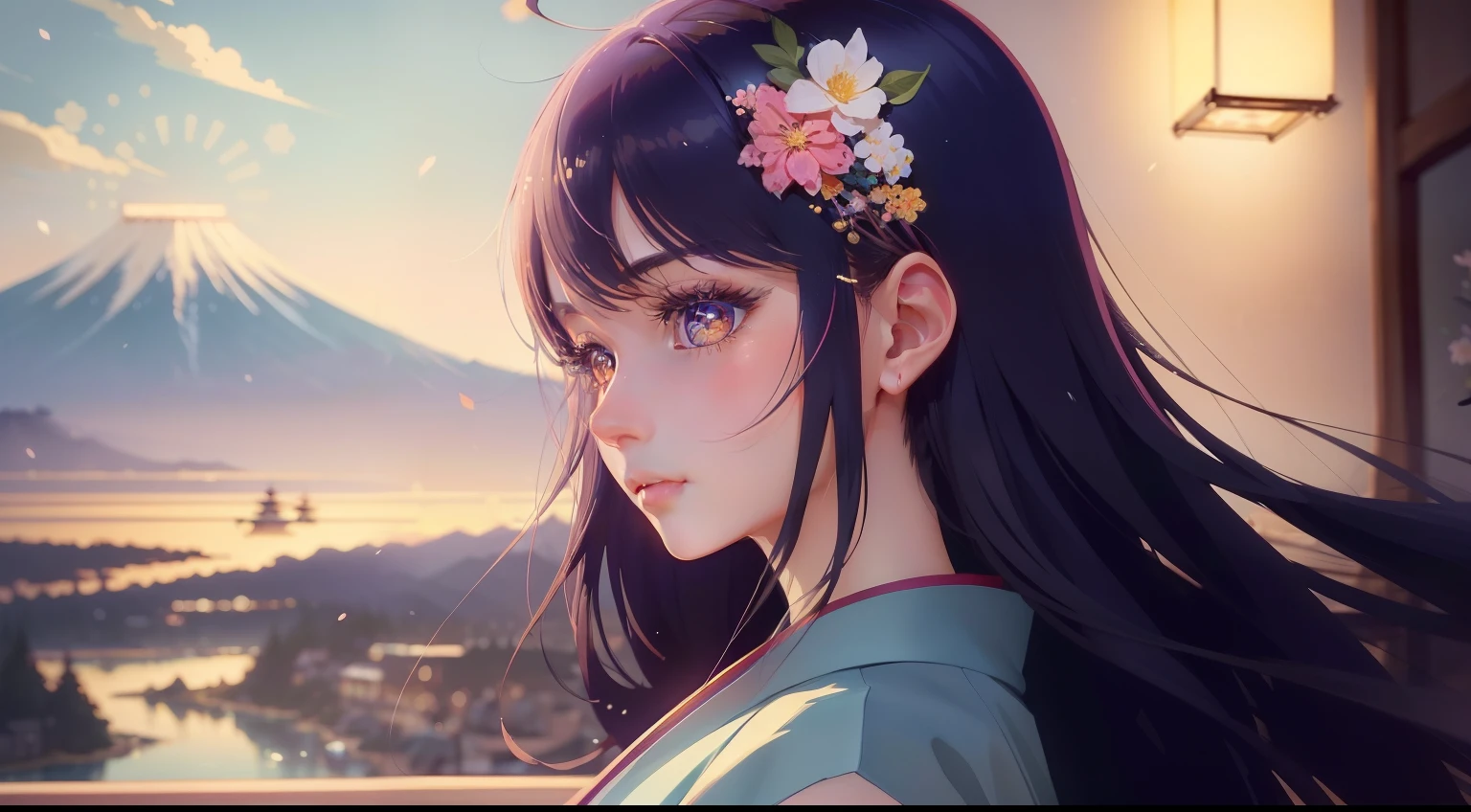 Style expressive、prety woman、very detailed illustration、cowboy shot、Her anime illustration of Face、Woman in kimono with sword、glint、very detailed illustration、The background is a beautiful view of the Japan、Hand-drawn animation、charming sketches、Smooth and shiny、Hazy romanticism、superflat style