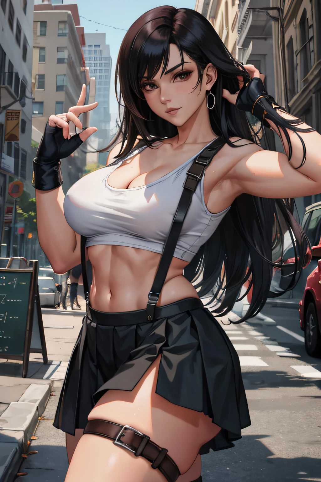 8k,masterpiece, bset quality,big, (1 girl), tifa lockhart, red_eyes, black hair, long hair, professional lighting, (shiny skin: 1.2), shiny big, ((best quality)), sharp focus: 1.2, highly detailed face and skin texture, detailed eyes, perfect face, perfect body, blur art, cg, background, Big breasts, presence (20yo, mature cool and beautiful face), wearing ((suspender black skirt), black elbow gloves, white taut shirt, thigh, white tank top), blush, (mittgal), random pose, top view,