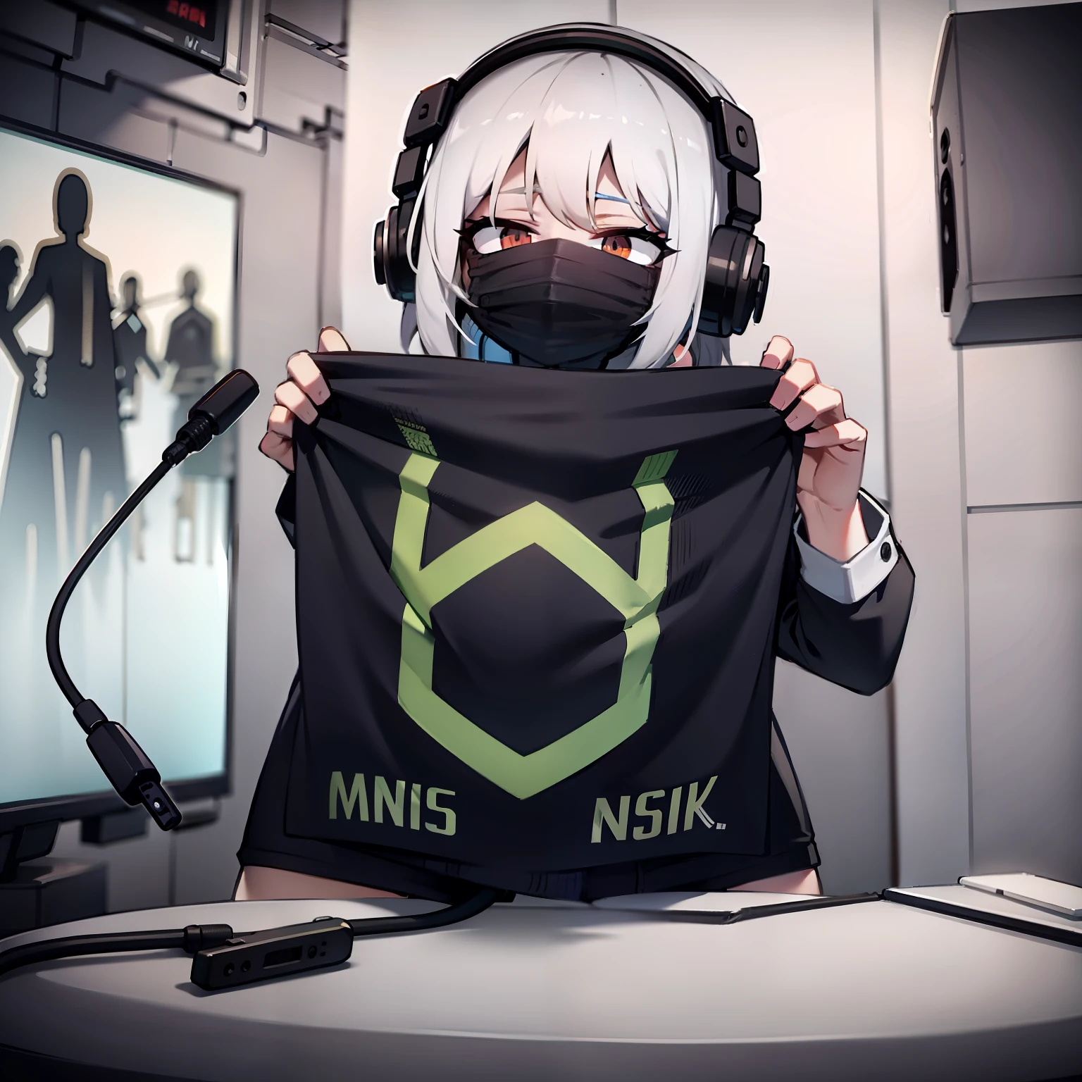 short detailed hair,White-haired girl,Wear a black sweatshirt and shorts,with headphones on,Wearing white stockings,Wear a mask,In a music studio,There is an electric guitar next to it