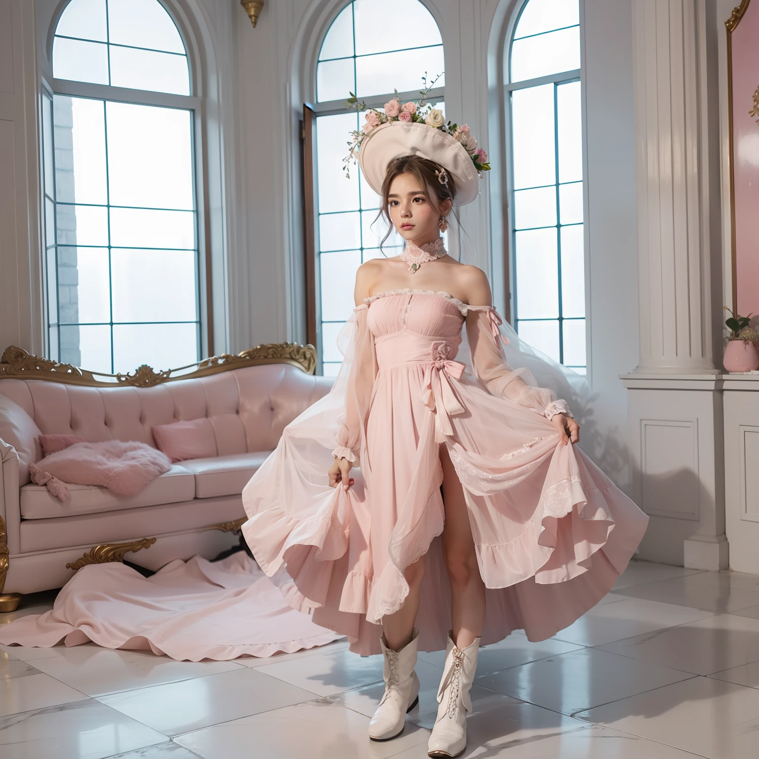 A modern queen of Generation Z, um vestido moderno rosa fofo, coroa rosa moderna, em um castelo, corpo inteiro, botas de cowboy, Estilo Gen z.
