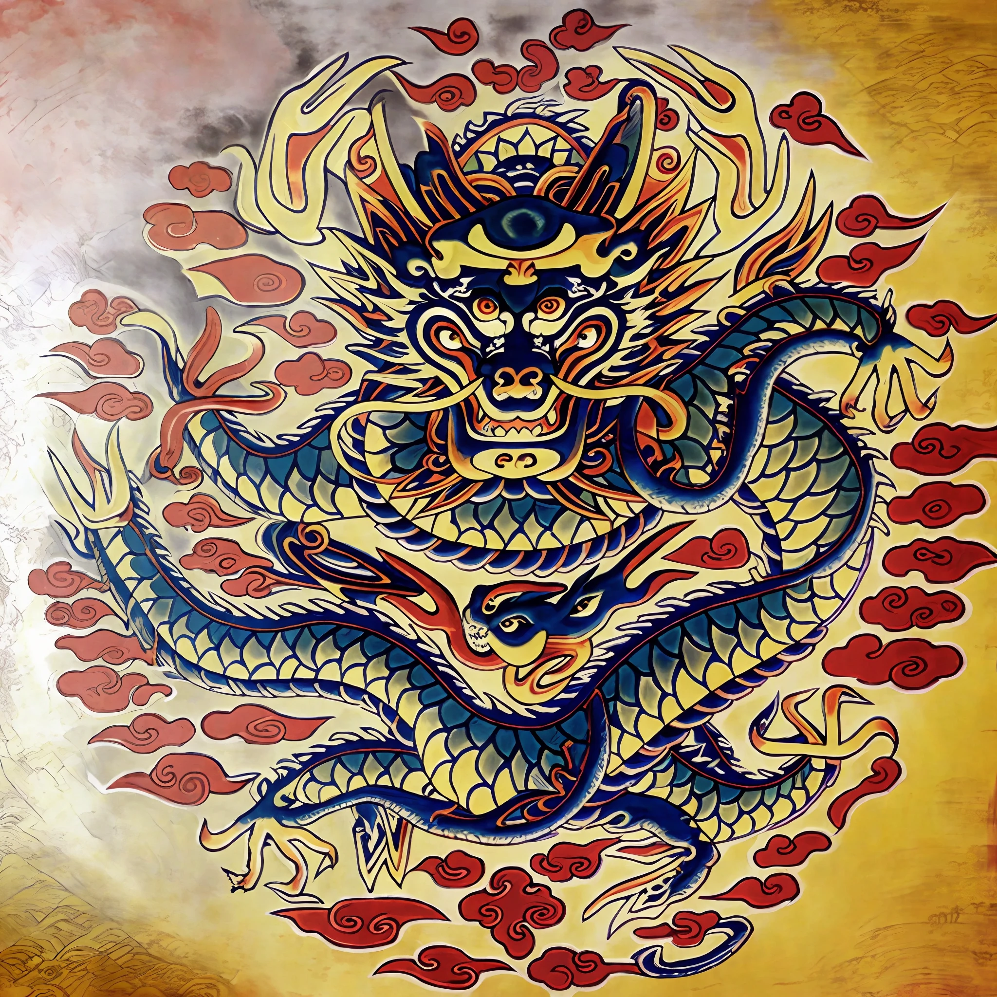 There is a painting of a dragon on the wall, chinese dragon engrave, gold detailed line work, inspired by Tawaraya Sōtatsu, author:Ayako hexagon, intricate gold linework, very intricate ultrafine details, author:Tan Yang Kano, Silk screen art, inspired by Katsushika Ōi