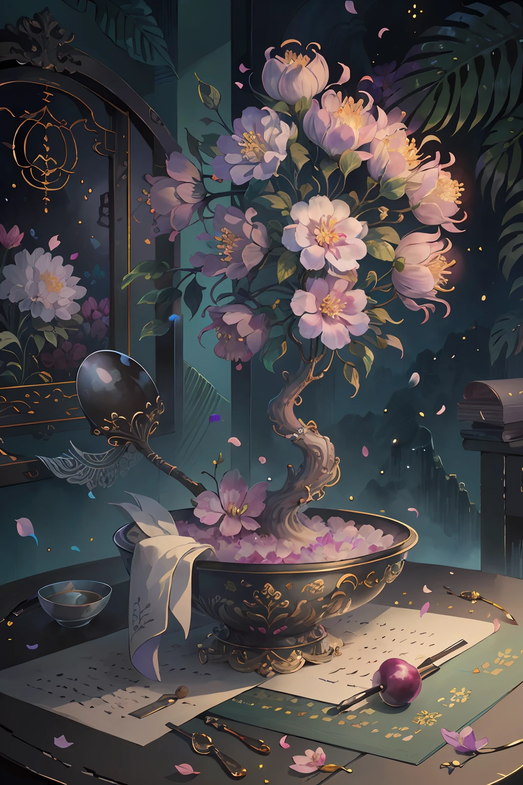 Original,(illustratio:1.1),(best qualtiy),(tmasterpiece:1.1),(the Extremely Detailed CG Unity 8K Wallpapers),(a color:1.2),Wax flower tree,Plum petals,scenecy,rios|Wagas,