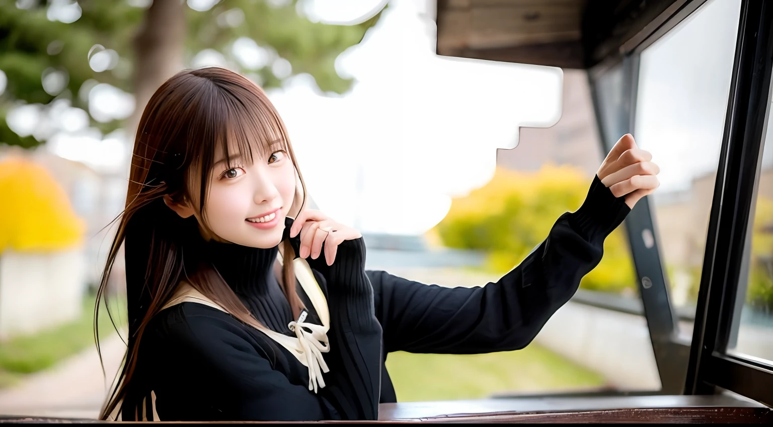 Best Quality ,masutepiece,超A high resolution,(photographrealistic:1.4), 1 girl, Looking at Viewer, Smile,Wear knitwear, 女優, very beautif,kawaii, Cinematic, 35mm lens, F/ 1. 8, Accent Lighting, 8K, In the park in the daytime