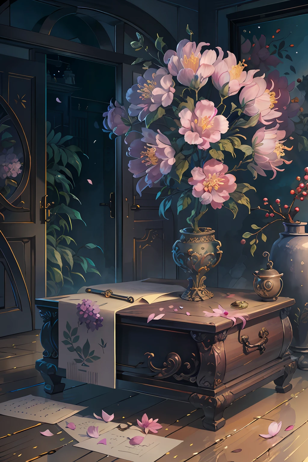 Original，（illustratio：1.1），（best qualtiy），（tmasterpiece：1.1），（the Extremely Detailed CG Unity 8K Wallpapers），（a color：1.2），Wax flower tree，Plum petals，scenecy，rios|Wagas，