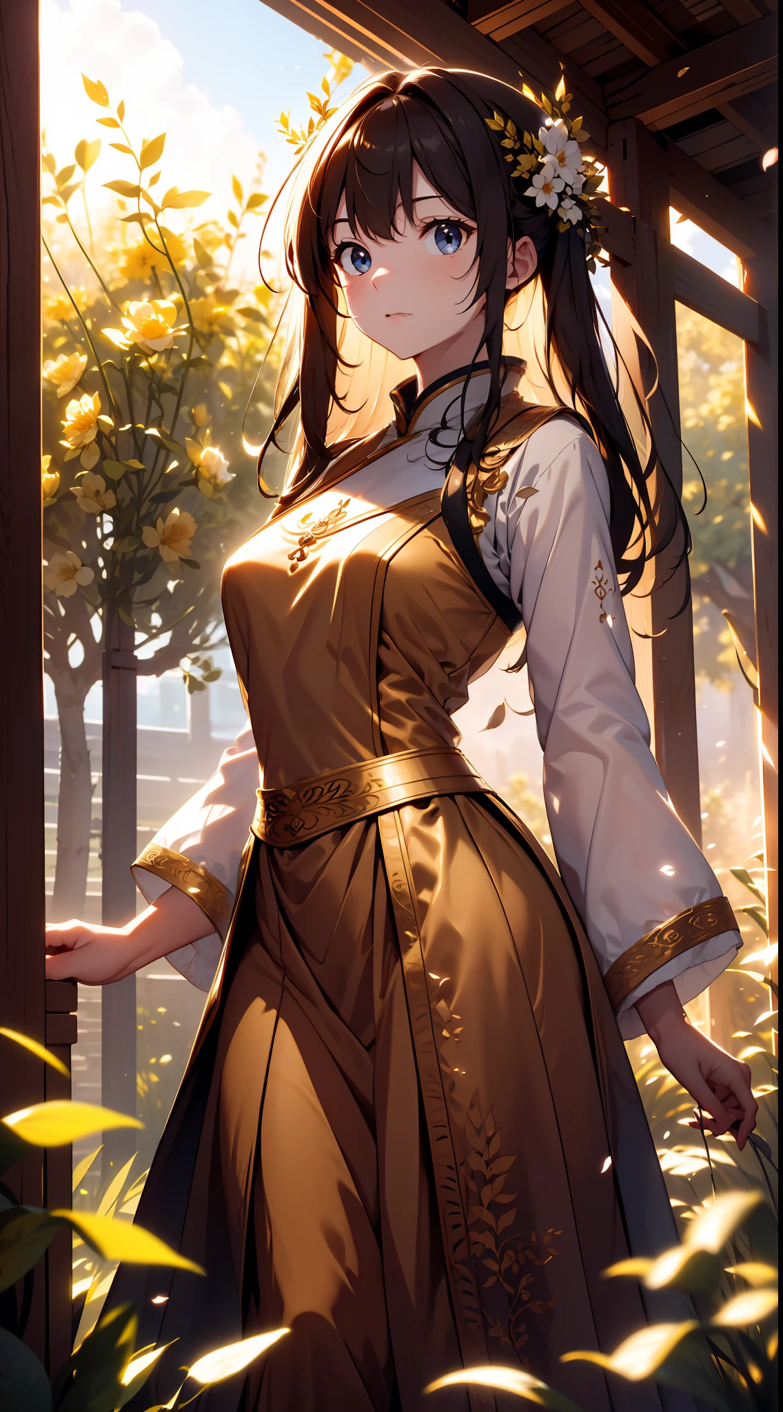 best quality, masterpiece, highres, (exquisite body:1.5),gorgeous face,(milky skin:1.3),intricate details,high resolution,wallpaper,
1girl, solo, dress, hair ornament, (((gold and red dress))), flowers, long hair, brown hair, closed mouth, jewelry, long sleeves, hand up, wide sleeves, big eyes,floating hair, chinese clothes, hanfu, embroidery, long skirt, natural pose, falling petals, indoor,fanning, lantern,
16K,HDR,highres,depth field,(film grain:1.1),boken,golden hour,(lens flare),vignette,rainbowing,(color grading:1.5)