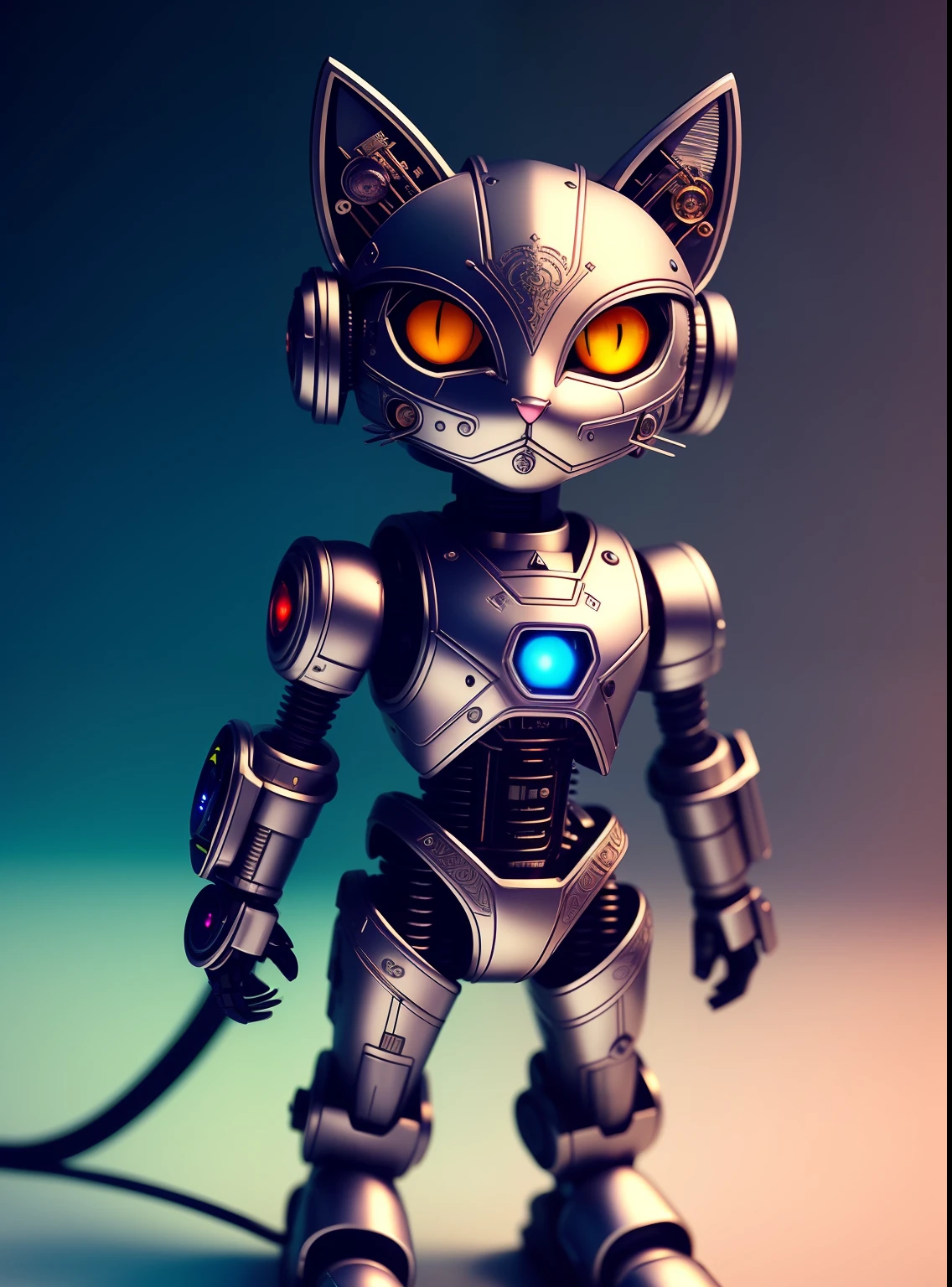 A cute kitten made of metal, robot, cyberpunk style, ((intricate details)), hdr, ((intricate details, super detailed)), cinematic footage, vignette