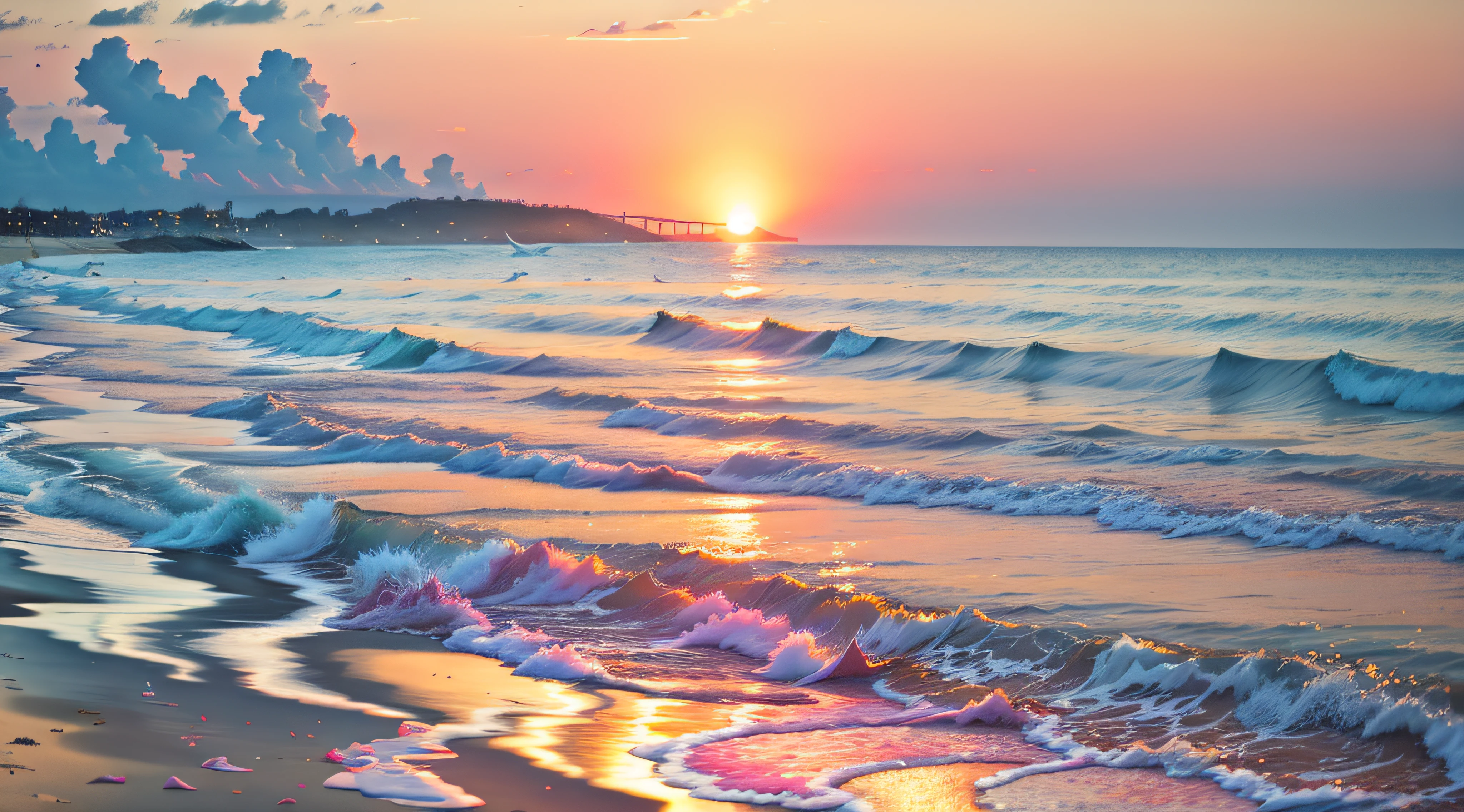 pink there、yellow、an orange、Mingle to fill the sky、The sunset over the beach is truly mesmerizing。The crystal clear sea gently kisses the shore、White sand beaches stretch everywhere。Seagulls soar high into the sky、It is a dynamic and breathtaking scene with palm trees gently swaying。Embrace a calm atmosphere、Peace washes you。