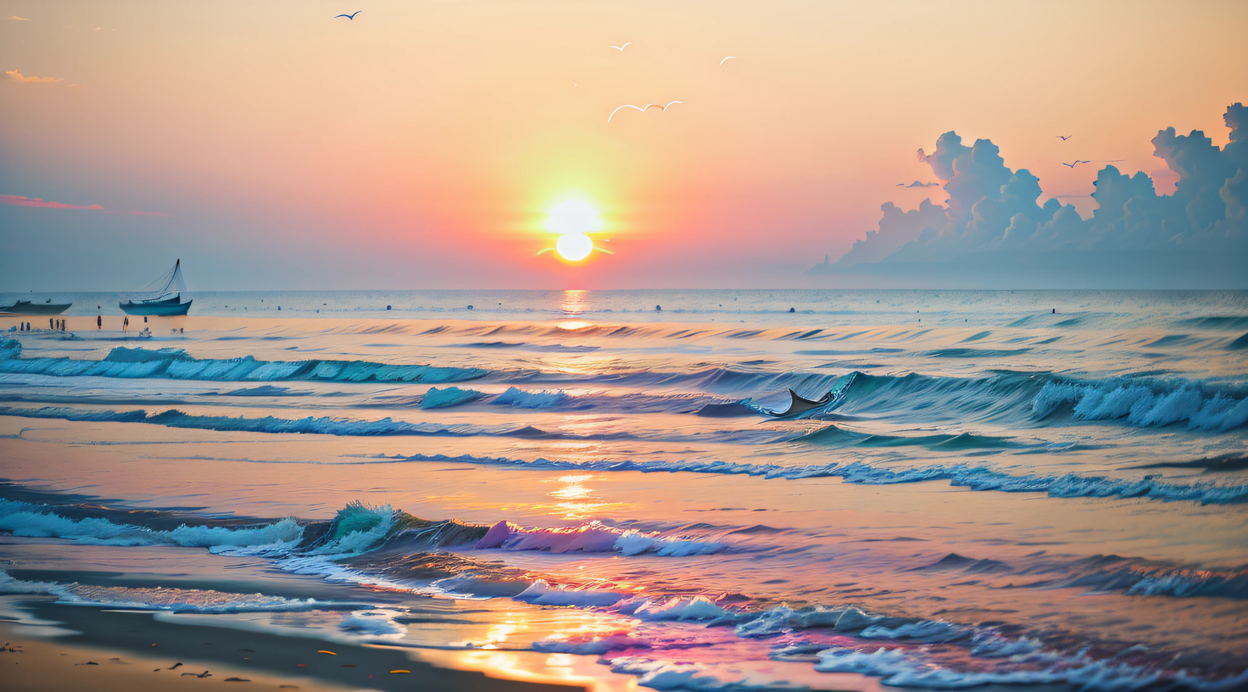 pink there、yellow、an orange、Mingle to fill the sky、The sunset over the beach is truly mesmerizing。The crystal clear sea gently kisses the shore、White sand beaches stretch everywhere。Seagulls soar high into the sky、It is a dynamic and breathtaking scene with palm trees gently swaying。Embrace a calm atmosphere、Peace washes you。