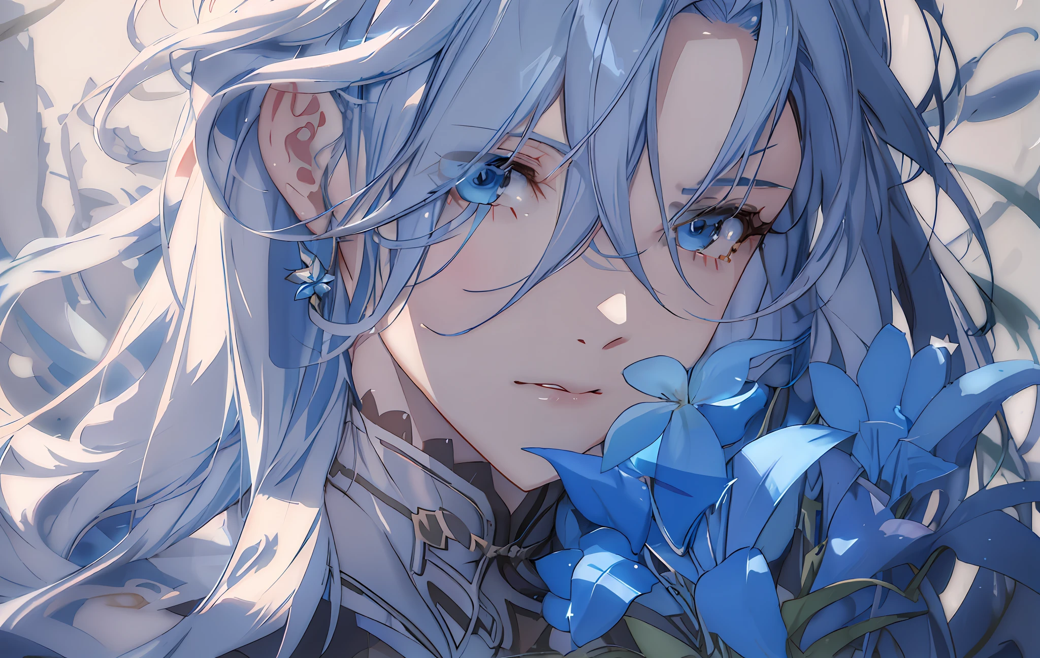 Anime, A girl with blue hair and blue eyes holds a blue flower, Detailed digital anime art, granblue fantasy, Keqing from Genshin Impact, Guviz, Azure. detailed hairs, Genshin impact's character, Guviz-style artwork, trending on cgstation, detailed anime character art, Genshin, trending on artstation pixiv