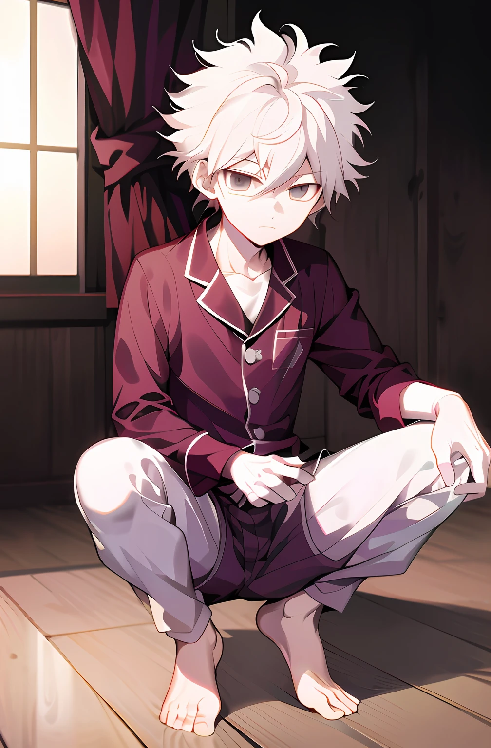 anime - style image of a man in a white suit kneeling on a wooden floor, nagito komaeda, killua zoldyck portrait, nagito komaeda from danganronpa, killua zoldyck, killua zoldyck, hajime yatate, digital art from danganronpa, open legs, wear pajamas white shorts