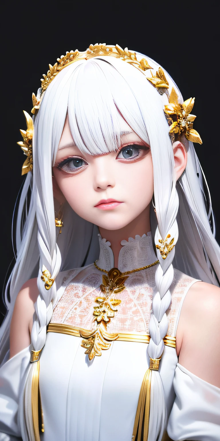 best quality, masterpiece,white hair, gold eyes,white clothes, looking up, upper body,hair strand,Fair skin,side braids