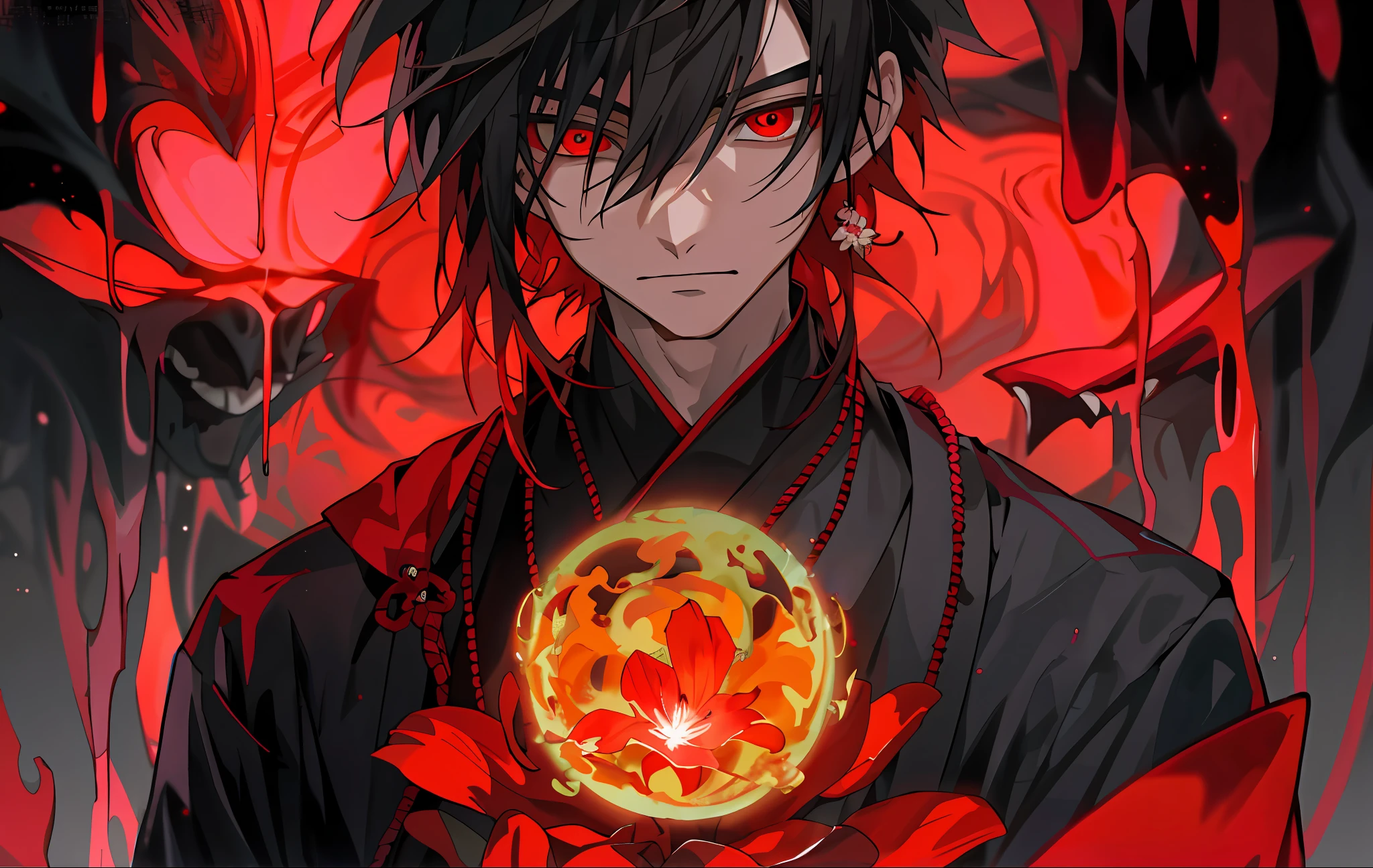 Anime - stylistic image of a man with a red flower in his hand, handsome japanese demon boy, heise jinyao, with red glowing eyes, His eyes were red,with light glowing, with glowing red eyes, beautiful male god of death, handsome guy in demon killer art, Badass anime 8 K, his eyes glowing red, anime wallaper, style of anime4 K
