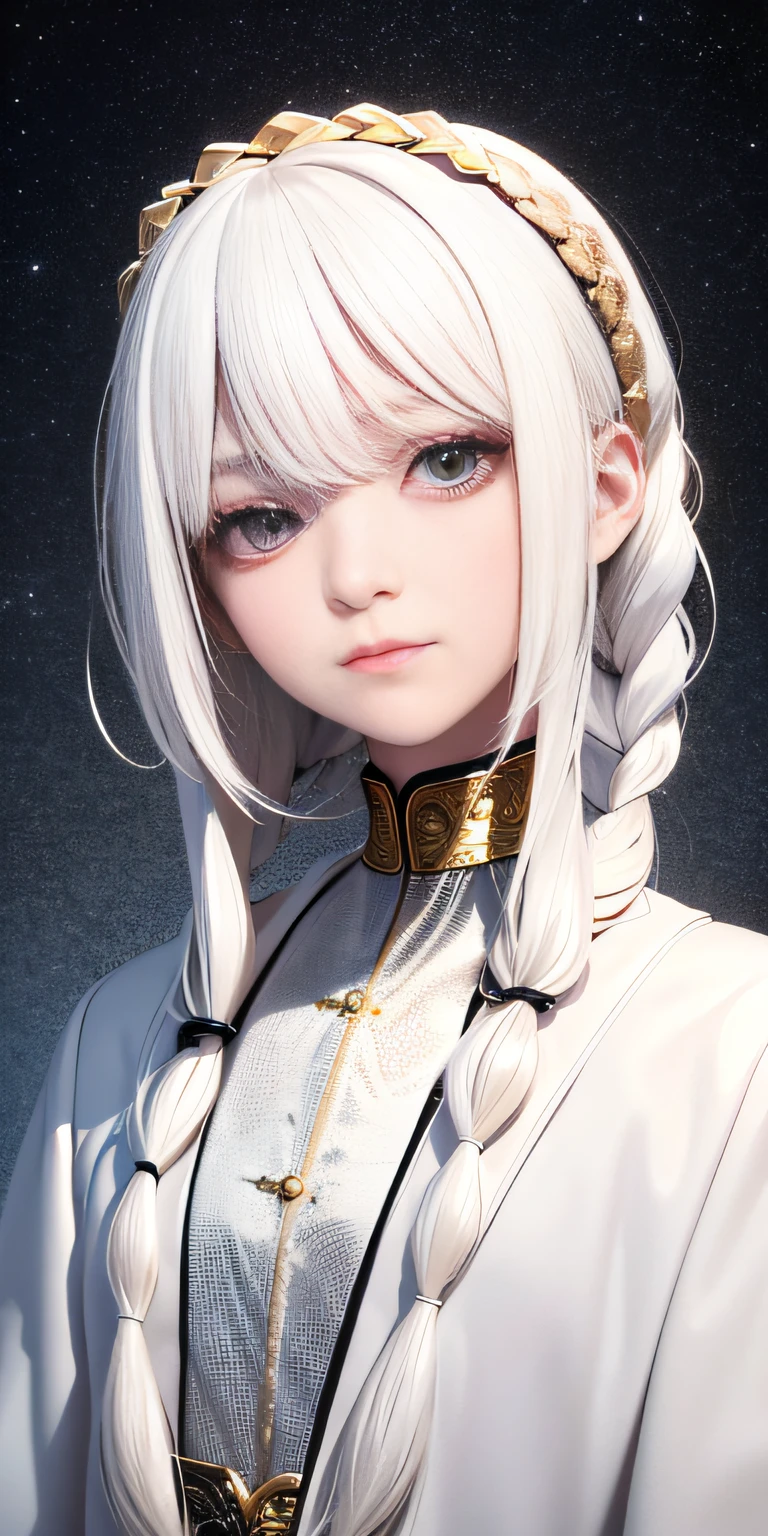 best quality, masterpiece,white hair, gold eyes,white clothes, looking up, upper body,hair strand,Fair skin,side braids