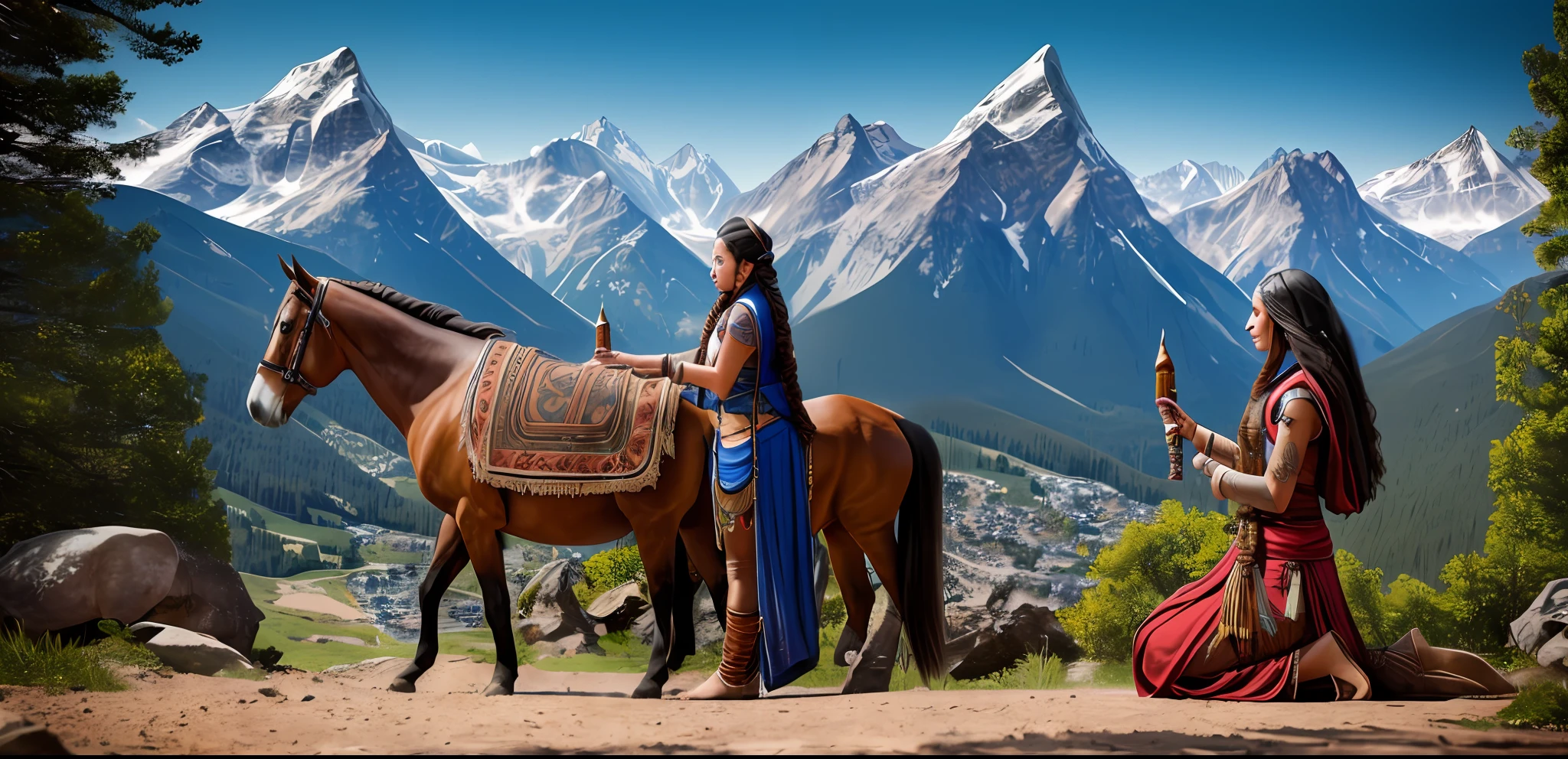 Young tantric priestess with tattoos and percings petting a horse on an ultra-detailed photorealistic mountain --auto