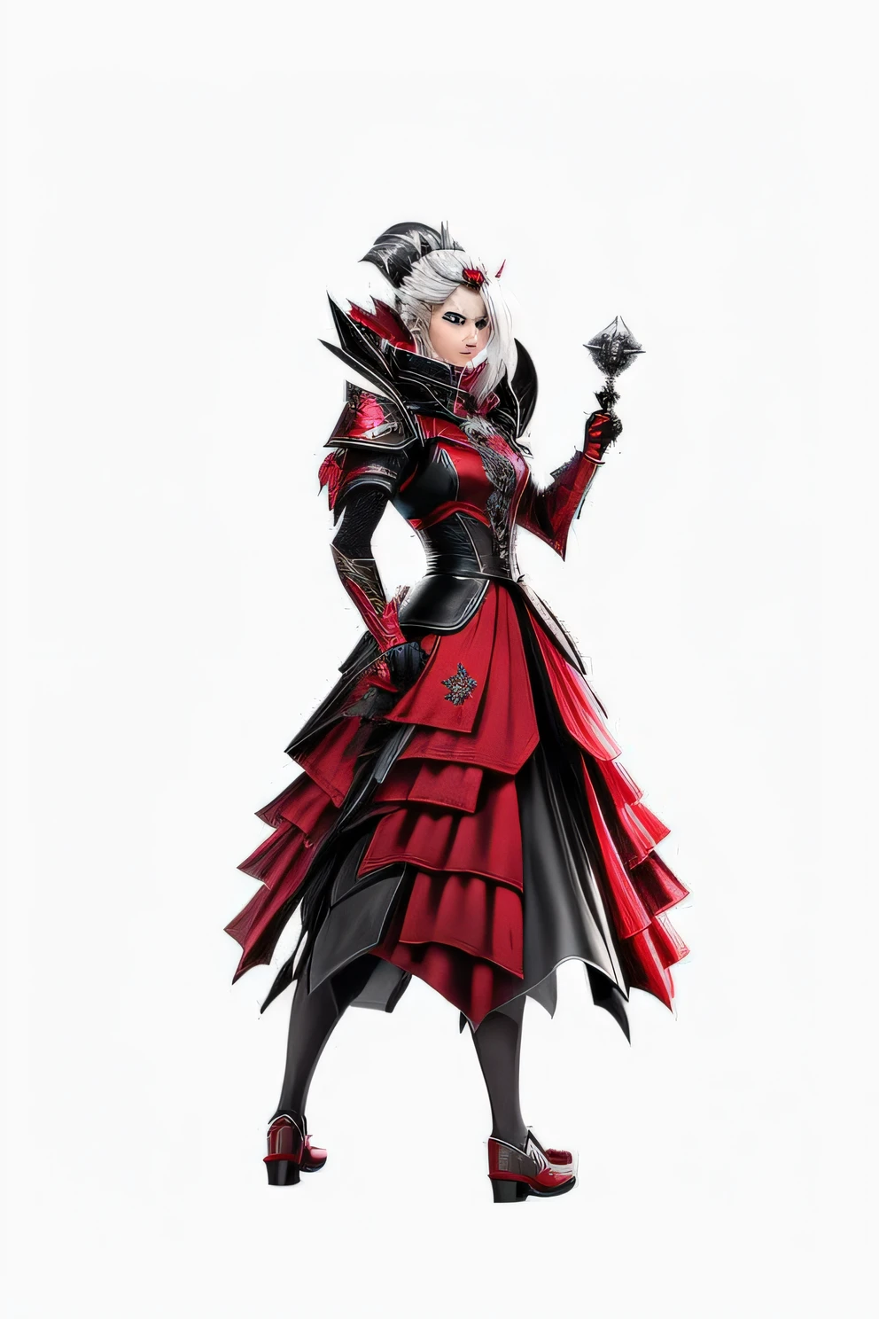 Close-up of a person dressed on a white background, hyper-detailed fantasy character, lady in red armor, colorful rich fantasy clothing, dark witch character, grayscale phtoto with red dress, Black and red armor, red and black costume!!!, beautiful elegant demon queen, antasy character, videogame character, new costume concept design, video game characters designs