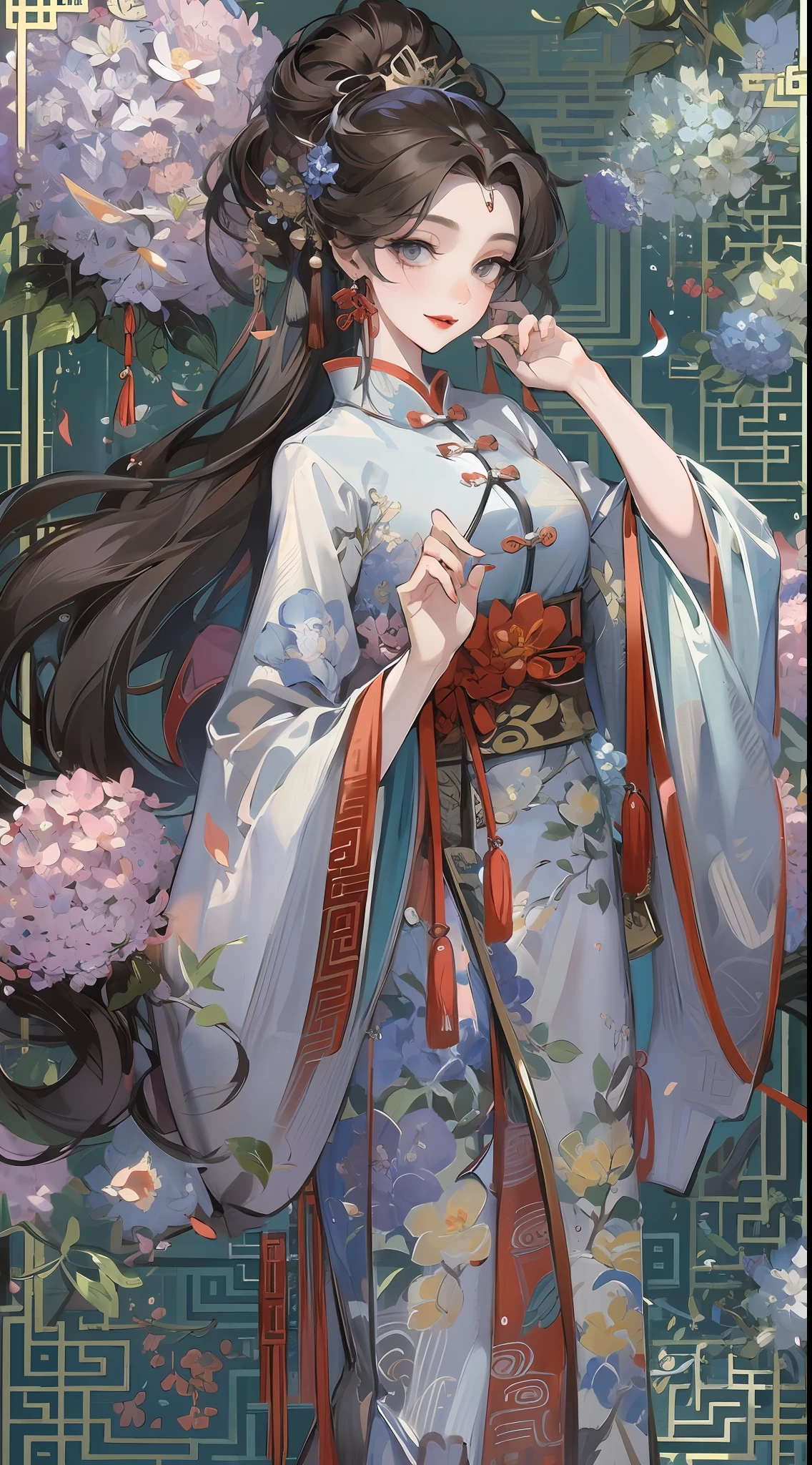 Masterpiece, Superb Product, Night, Full Moon, 1 Woman, Mature Woman, Chinese Style, Antique Chinese, Sister, Royal Sister, Smile, Brunette Hair, Updo, Red Lips, Calm, Intellectual, Hairpin, Hair Flower, Detailed Facial Details, Detailed Eyes, Full Body, Gray Eyes, Long Hair, Hydrangeas