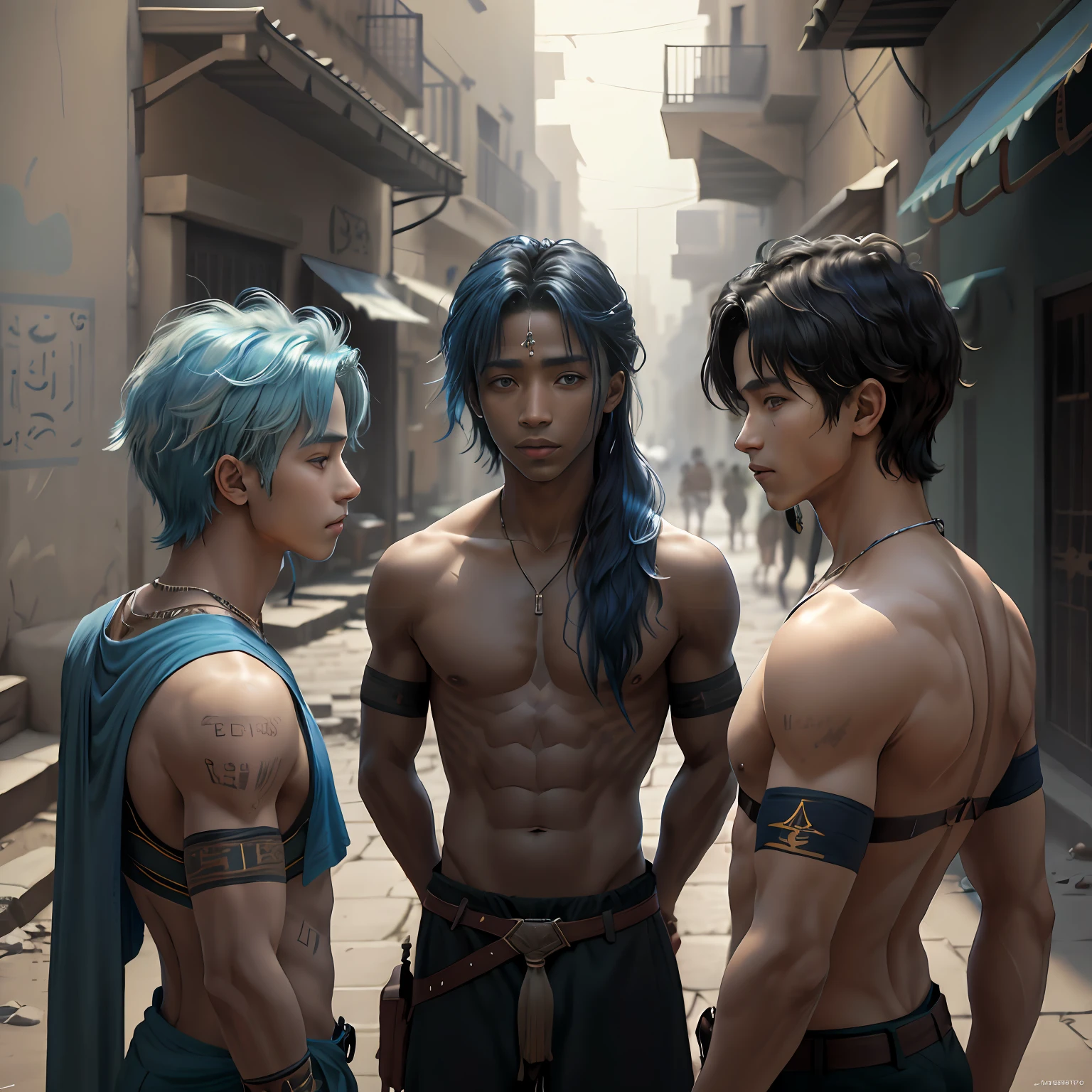 A group of 3 friends aged 13 and 24, They are talking about how to defend themselves from the enemy army when they invade the city 14 years of blue hair, The 14-year-old boy with straight hair with his back uncovered and his chest bare but dressed in typical clothes of ancient Egypt with dark skin walking lost through the different streets of a city is noon. doferentes angulos mira la ciudad desde lo slto de una colina.