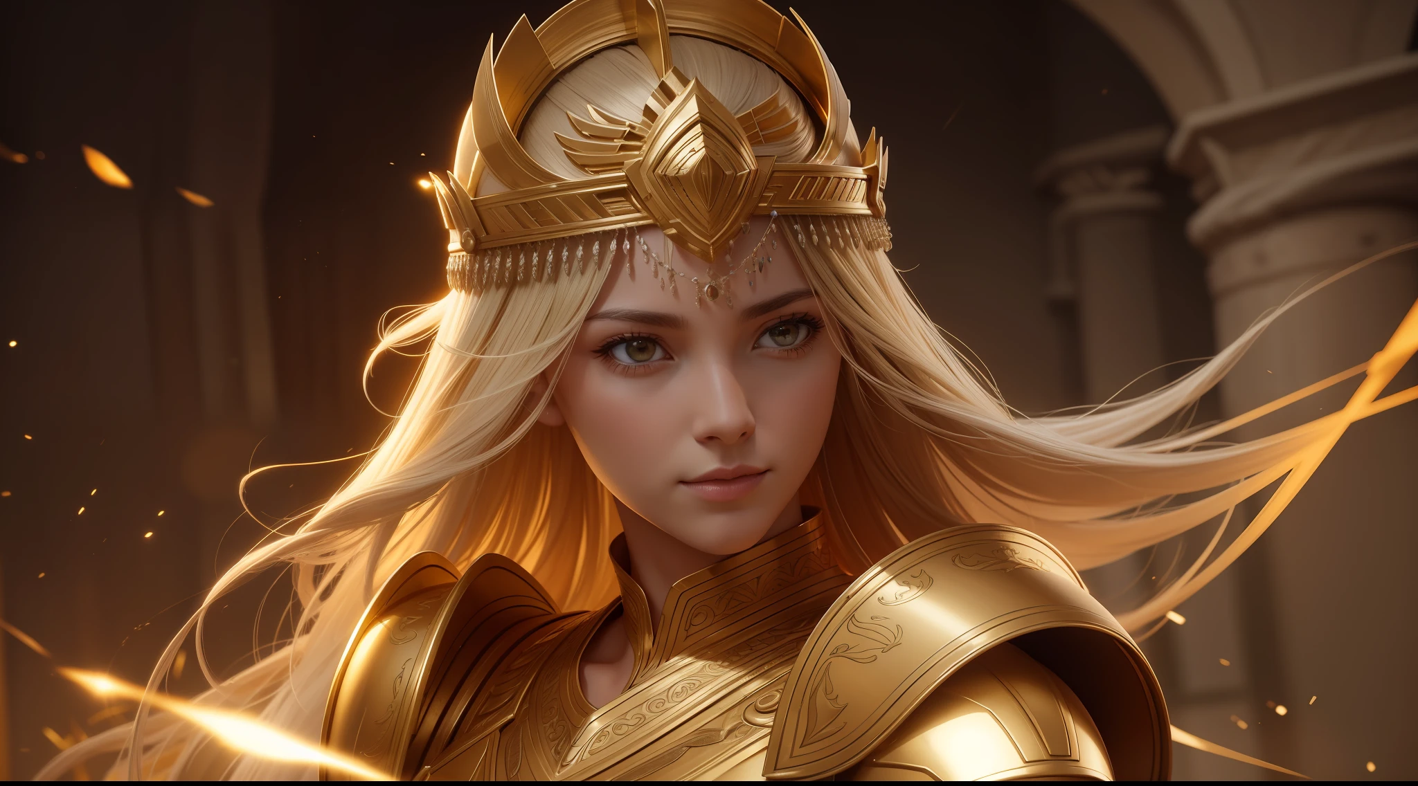 Greek temple,Goddess of War,Golden armor,Natural hair,photorealistic portrait,4K,highest details,highly detailed,art stations,Smoothness,Sharp focus,cinmatic lighting,facing at the camera,Dark Studio,edge lit,twotonelighting,Dimly lit,low tune,((best qualtiy)), ((tmasterpiece)), (The is very detailed:1.3), Ancient Techniques, hdr(HighDynamicRange), Ray traching, NVIDIA RTX, Hyper-Resolution, Unreal 5, sub surface scattering, PBR Texture, post-proces, Anisotropic filtering, depth of fields, Maximum clarity and sharpness, Many-Layer Textures, Albedo e mapas Speculares, Surface coloring,Accurately simulate light-material interactions,perfectly proportions,rendering by octane,twotonelighting,Low ISO,White balance,trichotomy,Wide aperture,8K raw data,High-Efficiency Sub-Pixel,sub-pixel convolution,Luminous Particle,Light scattering,Tyndall effect,Mid-range vision