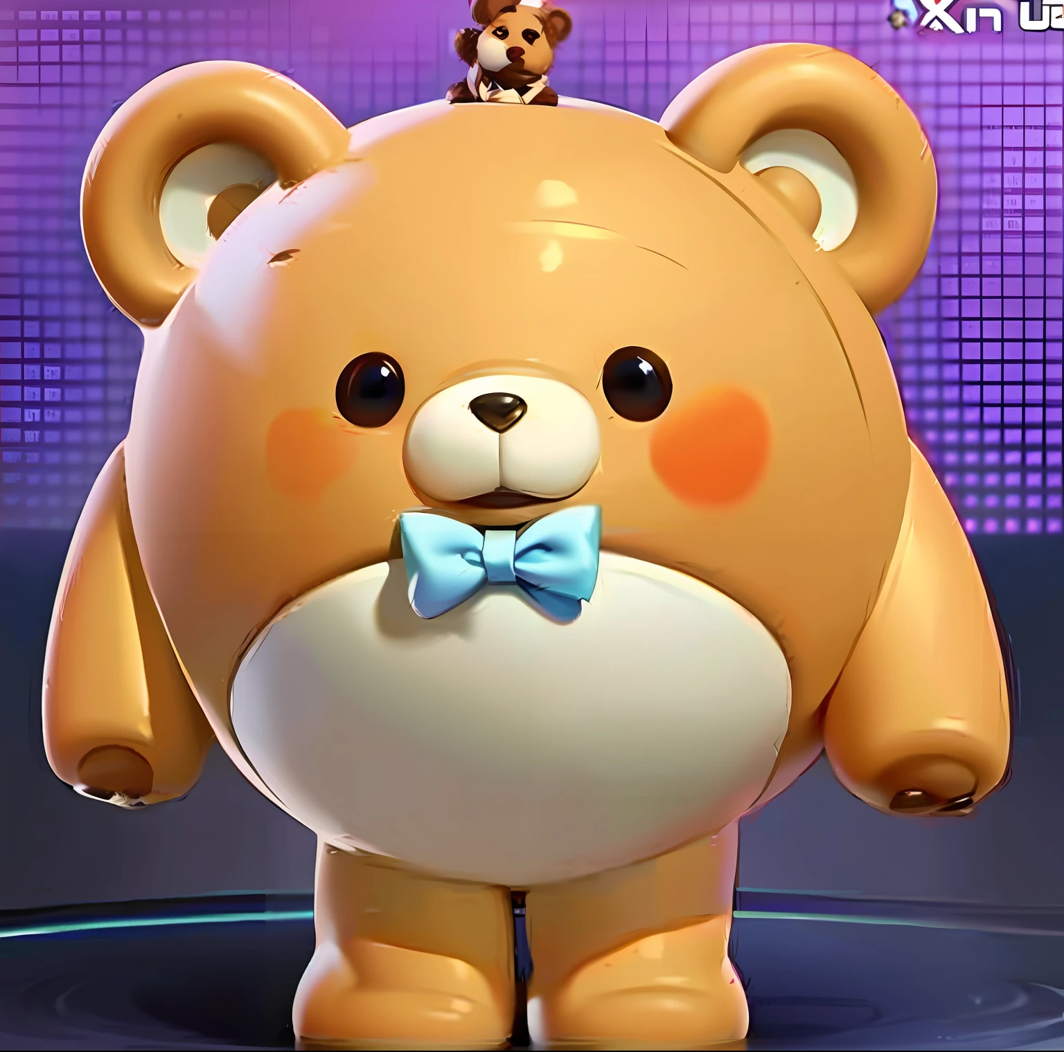 There is a brown teddy bear，With a blue bow tie, toy bear, from overwatch, animal crossing character, cute character, annie from league of legends, as a fortnite character, As a character in Tekken, full body mascot, left right symmetry