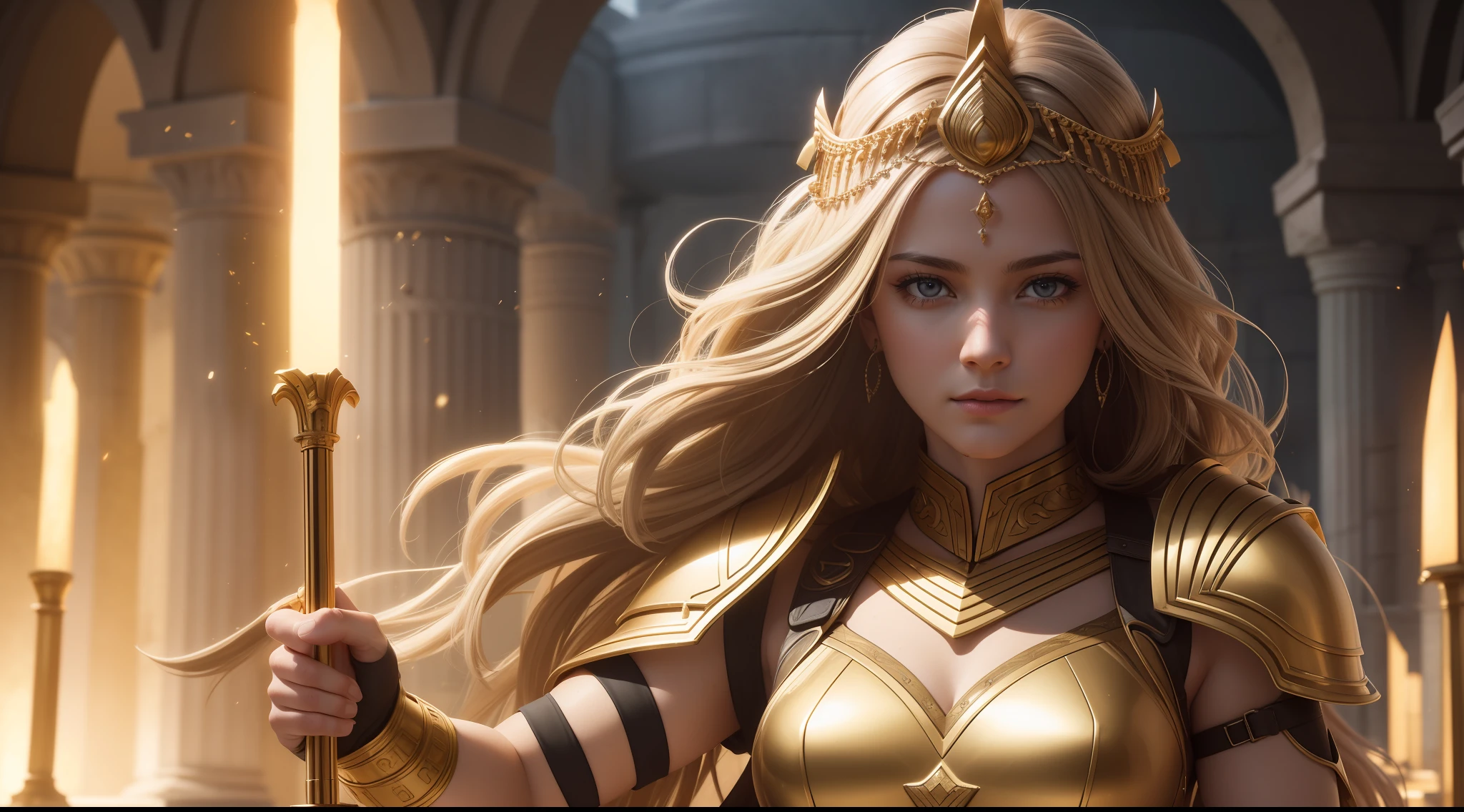 Greek temple,Goddess of War,Golden armor,Natural hair,photorealistic portrait,4K,highest details,highly detailed,art stations,Smoothness,Sharp focus,cinmatic lighting,facing at the camera,Dark Studio,edge lit,twotonelighting,Dimly lit,low tune,((best qualtiy)), ((tmasterpiece)), (The is very detailed:1.3), Ancient Techniques, hdr(HighDynamicRange), Ray traching, NVIDIA RTX, Hyper-Resolution, Unreal 5, sub surface scattering, PBR Texture, post-proces, Anisotropic filtering, depth of fields, Maximum clarity and sharpness, Many-Layer Textures, Albedo e mapas Speculares, Surface coloring,Accurately simulate light-material interactions,perfectly proportions,rendering by octane,twotonelighting,Low ISO,White balance,trichotomy,Wide aperture,8K raw data,High-Efficiency Sub-Pixel,sub-pixel convolution,Luminous Particle,Light scattering,Tyndall effect,Mid-range vision