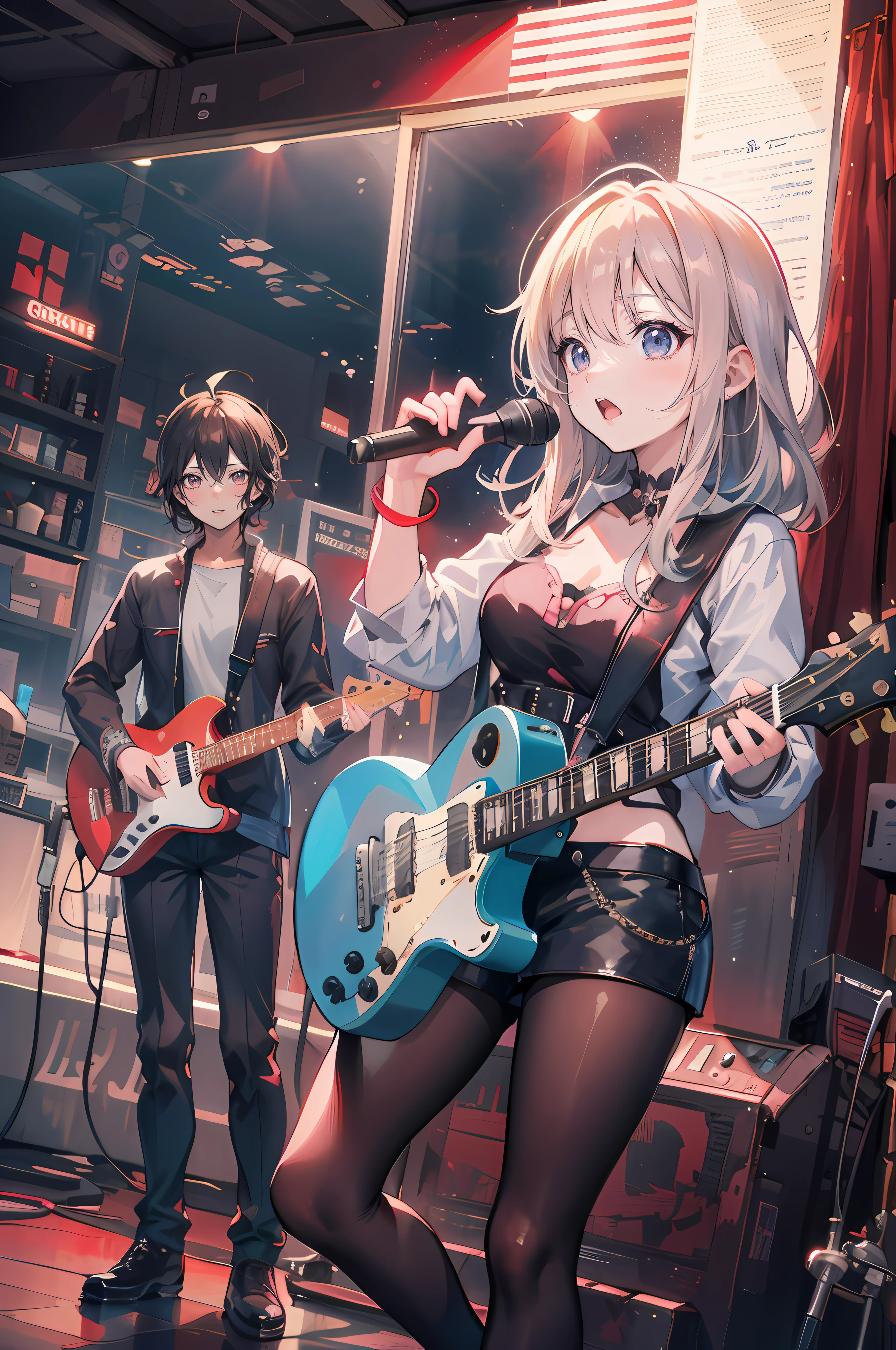 Anime - style image of a woman with a guitar and a man with a microphone, official artwork, nightcore, high detailed official artwork, kawacy, background artwork, plays the guitar, anime style 4 k, anime cover, detailed cover artwork, High quality anime art style, artwork in the style of guweiz, visual novel key visual, playing guitar onstage